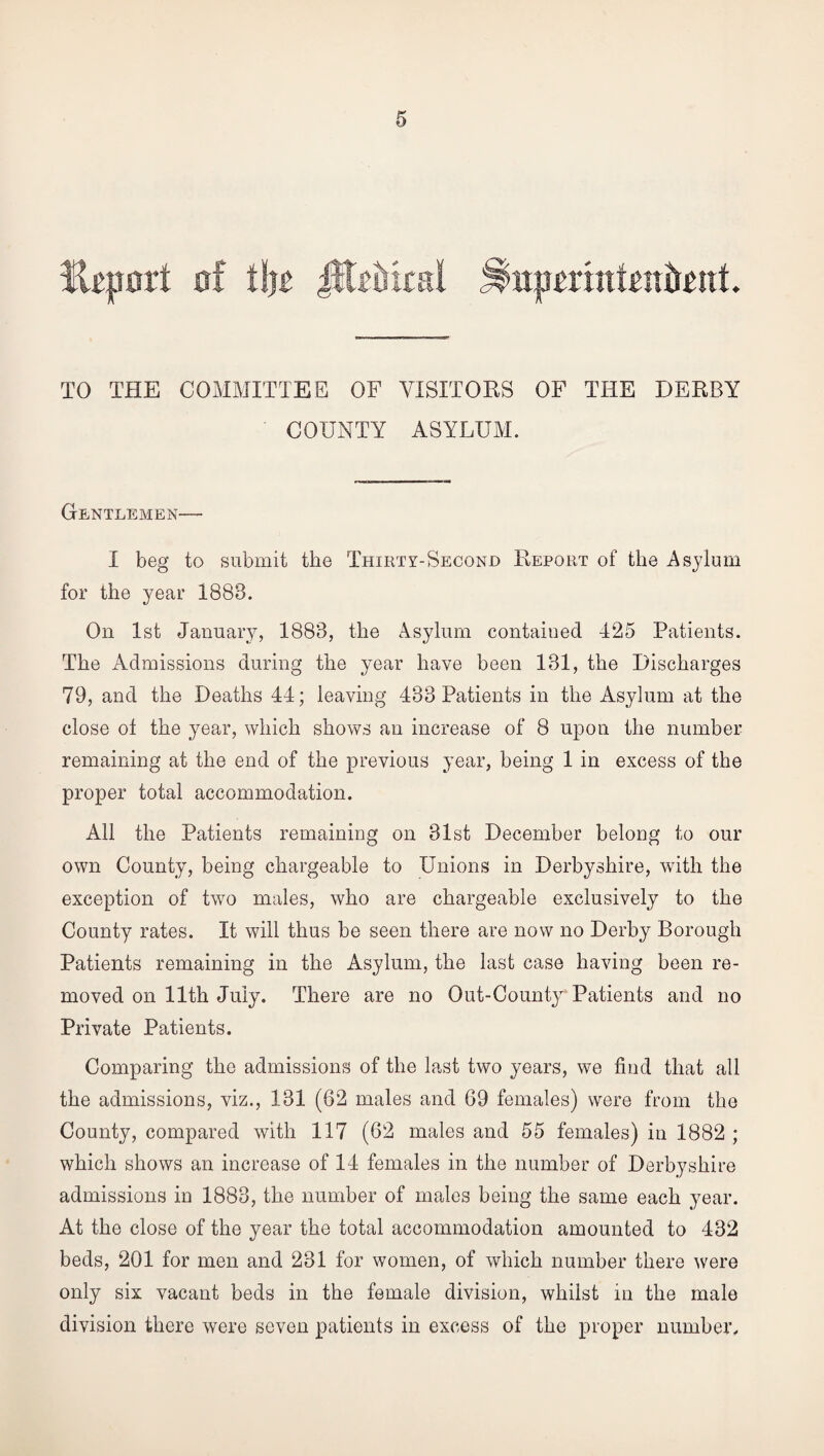 ♦ TO THE COMMITTEE OF VISITORS OF THE DERBY ' COUNTY ASYLUM. GENTLEMEN'- I beg to submit the Thirty-Second Report of the Asylum for the year 1888. On 1st January, 1888, the Asylum contained 425 Patients. The Admissions during the year have been 181, the Discharges 79, and the Deaths 44; leaving 483 Patients in the Asylum at the close ot the year, which shows an increase of 8 upon the number remaining at the end of the previous year, being 1 in excess of the proper total accommodation. All the Patients remaining on 31st December belong to our own County, being chargeable to Unions in Derbyshire, with the exception of two males, who are chargeable exclusively to the County rates. It will thus be seen there are now no Derby Borough Patients remaining in the Asylum, the last case having been re¬ moved on 11th July. There are no Out-County Patients and no Private Patients. Comparing the admissions of the last two years, we find that all the admissions, viz., 131 (62 males and 69 females) were from the County, compared with 117 (62 males and 55 females) in 1882 ; which shows an increase of 14 females in the number of Derbyshire admissions in 1883, the number of males being the same each year. At the close of the year the total accommodation amounted to 432 beds, 201 for men and 231 for women, of which number there were only six vacant beds in the female division, whilst in the male division there were seven patients in excess of the proper number.