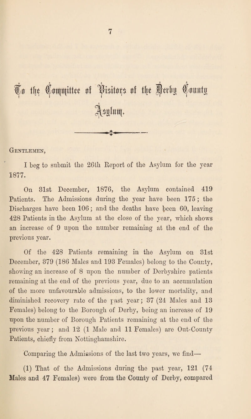 Gentlemen, I beg to submit the 26tli Report of the Asylum for the year 1877. On 31st December, 1876, the Asylum contained 419 Patients. The Admissions during the year have been 175 ; the Discharges have been 106; and the deaths have been 60, leaving 428 Patients in the Asylum at the close of the year, which shows an increase of 9 upon the number remaining at the end of the previous year. Of the 428 Patients remaining in the Asylum on 31st December, 379 (186 Males and 193 Females) belong to the County, showing an increase of 8 upon the number of Derbyshire patients remaining at the end of the previous year, due to an accumulation of the more unfavourable admissions, to the lower mortality, and diminished recovery rate of the past year; 37 (24 Males and 13 Females) belong to the Borough of Derby, being an increase of 19 upon the number of Borough Patients remaining at the end of the previous year ; and 12 (1 Male and 11 Females) are Out-County Patients, chiefly from Nottinghamshire. Comparing the Admissions of the last two years, we find— (1) That of the Admissions during the past year, 121 (74 Males and 47 Females) were from the County of Derby, compared