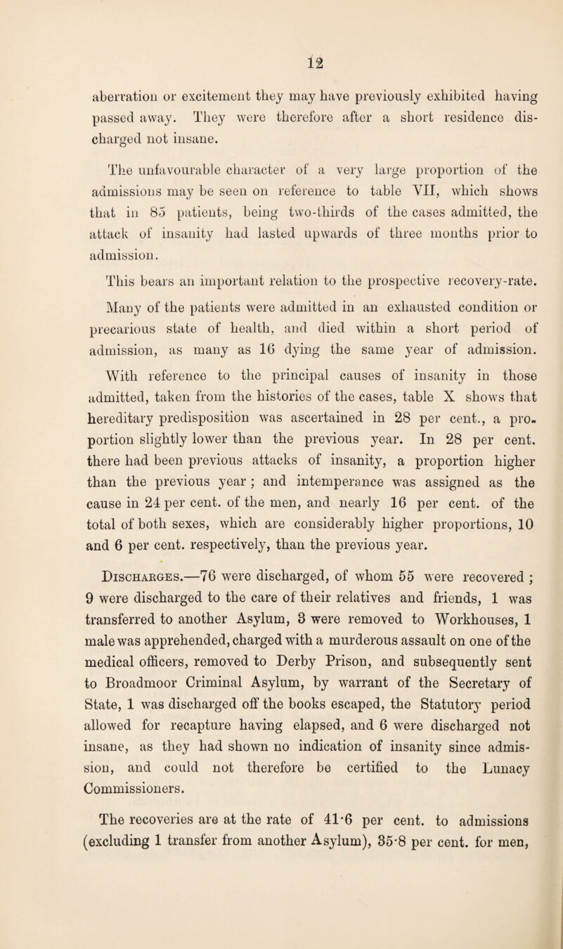 aberration or excitement they may have previously exhibited having passed away. They were therefore after a short residence dis¬ charged not insane. The unfavourable character of a very large proportion of the admissions may be seen on reference to table VII, which shows that in 85 patients, being two-thirds of the cases admitted, the attack of insanity had lasted upwards of three months prior to admission. This bears an important relation to the prospective recovery-rate. Many of the patients were admitted in an exhausted condition or precarious state of health, and died within a short period of admission, as many as 16 dying the same year of admission. With reference to the principal causes of insanity in those admitted, taken from the histories of the cases, table X shows that hereditary predisposition was ascertained in 28 per cent., a pro¬ portion slightly lower than the previous year. In 28 per cent, there had been previous attacks of insanity, a proportion higher than the previous year ; and intemperance was assigned as the cause in 24 per cent, of the men, and nearly 16 per cent, of the total of both sexes, which are considerably higher proportions, 10 and 6 per cent, respectively, than the previous year. Discharges.—76 were discharged, of whom 55 were recovered ; 9 were discharged to the care of their relatives and friends, 1 was transferred to another Asylum, 3 were removed to Workhouses, 1 male was apprehended, charged with a murderous assault on one of the medical officers, removed to Derby Prison, and subsequently sent to Broadmoor Criminal Asylum, by warrant of the Secretary of State, 1 was discharged off the books escaped, the Statutory period allowed for recapture having elapsed, and 6 were discharged not insane, as they had shown no indication of insanity since admis¬ sion, and could not therefore be certified to the Lunacy Commissioners. The recoveries are at the rate of 41*6 per cent, to admissions (excluding 1 transfer from another Asylum), 35*8 per cent, for men,