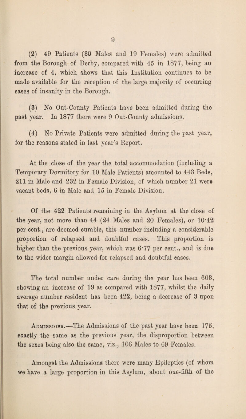 (2) 49 Patients (80 Males and 19 Females) were admitted from the Borough of Derby, compared with 45 in 1877, being an increase of 4, which shows that this Institution continues to be made available for the reception of the large majority of occurring eases of insanity in the Borough. (3) No Out-County Patients have been admitted during the past year. In 1877 there were 9 Out-County admissions. (4) No Private Patients were admitted during the past year, for the reasons stated in last year’s Report. At the close of the year the total accommodation (including a Temporary Dormitory for 10 Male Patients) amounted to 448 Beds, 211 in Male and 282 in Female Division, of which number 21 were vacant beds, 6 in Male and 15 in Female Division. Of the 422 Patients remaining in the Asylum at the close of the year, not more than 44 (24 Males and 20 Females), or 10‘42 per cent,, are deemed curable, this number including a considerable proportion of relapsed and doubtful cases. This proportion is higher than the previous year, which was 6*77 per cent., and is due to the wider margin allowed for relapsed and doubtful cases. The total number under care during the year has been G03, showing an increase of 19 as compared with 1877, whilst the daily average number resident has been 422, being a decrease of 8 upon that of the previous year. Admissioks.-—The Admissions of the past year have been 175, exactly the same as the previous year, the disproportion between the sexes being also the same, viz., 10G Males to 69 Females. Amongst the Admissions there were many Epileptics (of whom we have a large proportion in this Asylum, about one-fifth of the