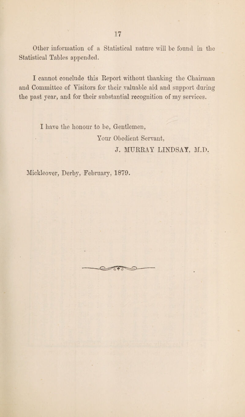 Other information of a Statistical nature will be found in the Statistical Tables appended. I cannot conclude this Report without thanking the Chairman and Committee of Visitors for their valuable aid and support during the past year, and for their substantial recognition of my services. I have the honour to be, Gentlemen, Your Obedient Servant, J. MURRAY LINDSAY, M.D. Mickleover, Derby, February, 1879.