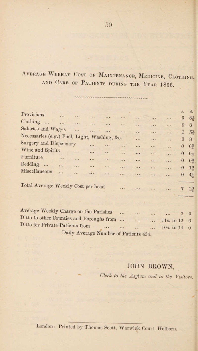 Average Weekly Cost of Maintenance, Medicine, Clothing, and Care of Patients during tiie Year I860. Provisions Clothing ... Salaries and Wages . Necessaries (e.g.) Fuel, Light, Washing, &c. Surgery and Dispensary . Wine and Spirits . Furniture ••• ••• ••• , Bedding. Miscellaneous . s. d. 3 8i 0 8 1 5* 0 8 0 Of 0 0£ 0 Of o If 0 4f Total Average Weekly Cost per head 7 If Average Weekly Charge on the Parishes . Ditto to other Counties and Boroughs from Ditto for Private Patients from . Daily Average Number of Patients 434. 7 0 11s. to 12 G 10s. to 14 0 JOHN BROWN, Clerk to the Asylum and to the Visitor, London : Printed by Thomas Scott, Warwick Court, Holborn.