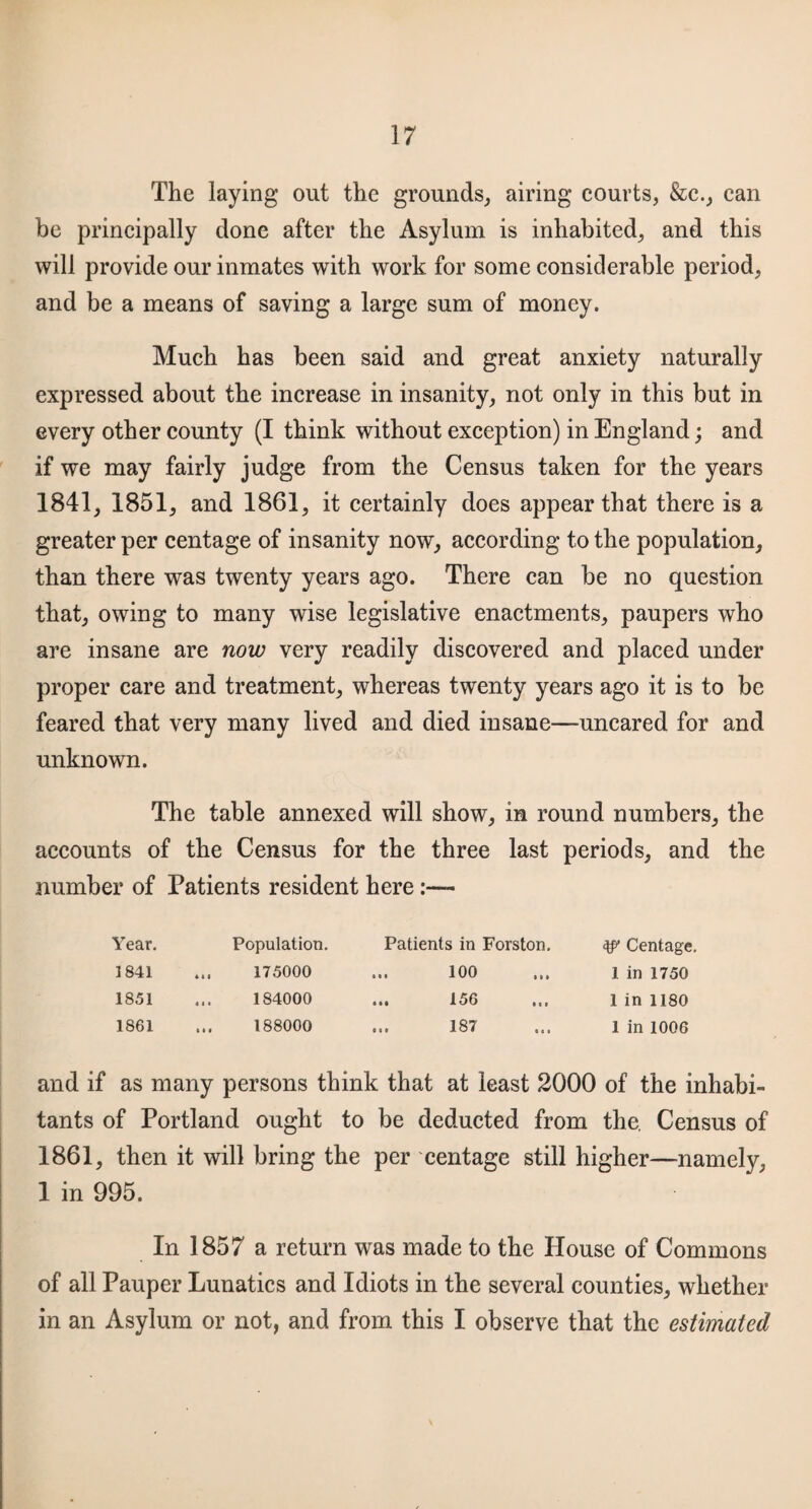 The laying out the grounds, airing courts, &c., can be principally done after the Asylum is inhabited, and this will provide our inmates with work for some considerable period, and be a means of saving a large sum of money. Much has been said and great anxiety naturally expressed about the increase in insanity, not only in this but in every other county (I think without exception) in England; and if we may fairly judge from the Census taken for the years 1841, 1851, and 1861, it certainly does appear that there is a greater per centage of insanity now, according to the population, than there was twenty years ago. There can be no question that, owing to many wise legislative enactments, paupers who are insane are now very readily discovered and placed under proper care and treatment, whereas twenty years ago it is to be feared that very many lived and died insane—uncared for and unknown. The table annexed will show, in round numbers, the accounts of the Census for the three last periods, and the number of Patients resident here Year. Population. Patients in Forston. Centage. 1841 ... 175000 100 1 in 1750 1851 ... 184000 ... 156 ,,, 1 in 1180 1861 ... 188000 187 1 in 1006 and if as many persons think that at least 2000 of the inhabi¬ tants of Portland ought to be deducted from the. Census of 1861, then it will bring the per centage still higher—namely, 1 in 995. In 1857 a return was made to the House of Commons of all Pauper Lunatics and Idiots in the several counties, whether in an Asylum or not, and from this I observe that the estimated
