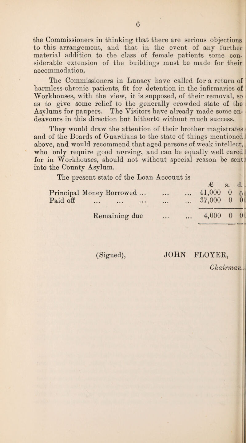 the Commissioners in thinking that there are serious objections to this arrangement, and that in the event of any further material addition to the class of female patients some con¬ siderable extension of the buildings must be made for their accommodation. The Commissioners in Lunacy have called for a return of harmless-chronic patients, fit for detention in the infirmaries of Workhouses, with the view, it is supposed, of their removal, so as to give some relief to the generally crowded state of the Asylums for paupers. The Visitors have already made some en¬ deavours in this direction but hitherto without much success. They would draw the attention of their brother magistrates and of the Boards of Guardians to the state of things mentioned above, and would recommend that aged persons of weak intellect, who only require good nursing, and can be equally well cared for in Workhouses, should not without special reason be sent, into the County Asylum. The present state of the Loan Account is Principal Money Borrowed ... Paid off £ s. d. 41,000 0 o 37,000 0 013 H Remaining due 4,000 o oq (Signed), JOHN PLOYER, Chairman..
