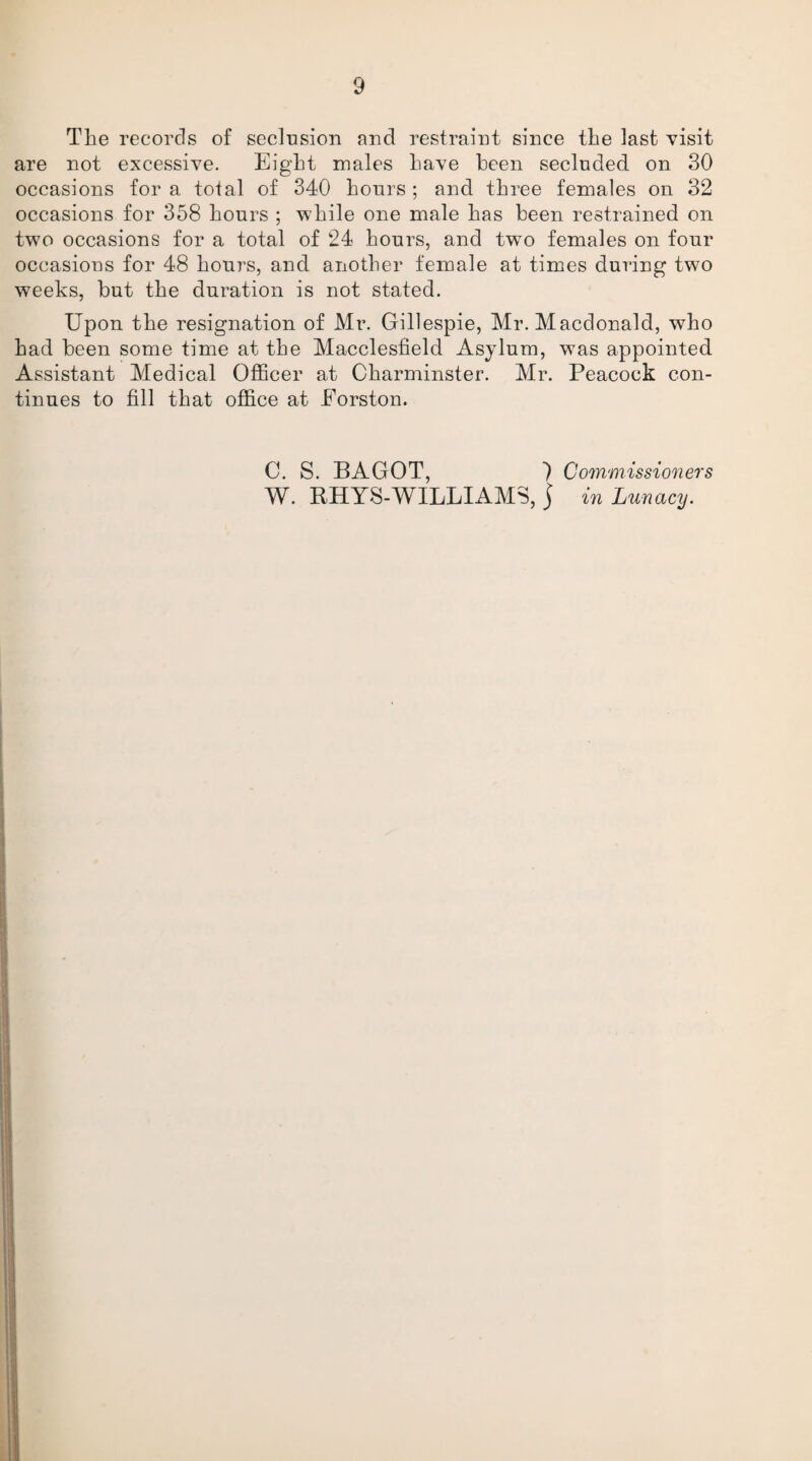 The records of seclusion and restraint since the last visit are not excessive. Eight males have been secluded on 30 occasions for a total of 340 hours ; and three females on 32 occasions for 358 hours ; while one male has been restrained on two occasions for a total of 24 hours, and two females on four occasions for 48 hours, and another female at times during two weeks, but the duration is not stated. Upon the resignation of Mr. Gillespie, Mr. Macdonald, who had been some time at the Macclesfield Asylum, was appointed Assistant Medical Officer at Charminster. Mr. Peacock con¬ tinues to fill that office at Forston. C. S. BAGOT, ) Commissioners W. RHYS-WILLIAM3, j in Lunacy.