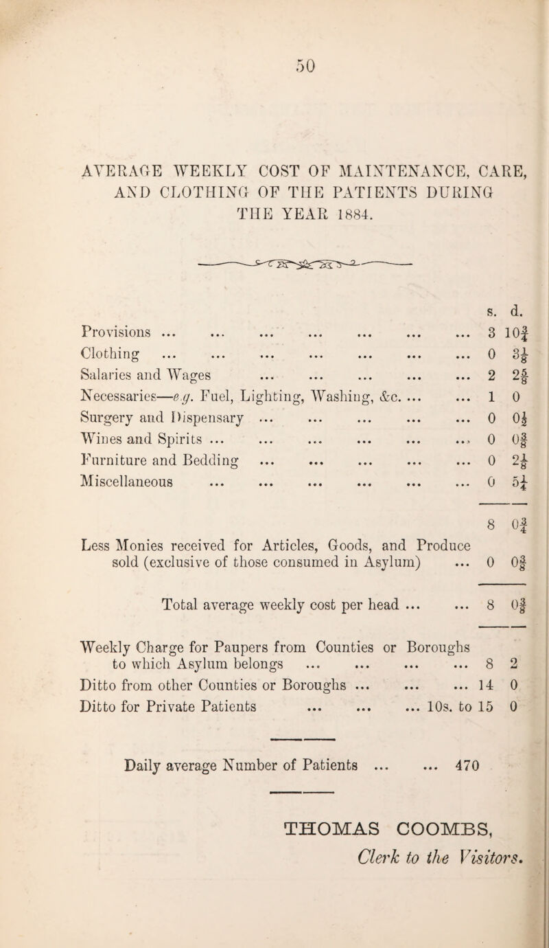 AVERAGE WEEKLY COST OF MAINTENANCE, CARE, AND CLOTHING OF THE PATIENTS DURING THE YEAR 1884. s. d. Provisions ... 3 10| Clothing 0 S8 Salaries and Wages 2 2| Necessaries—e.g. Fuel, Lighting, Washing, &c. ... 1 0 Surgery and Dispensary ... 0 o| Wines and Spirits ... 0 Of Furniture and Bedding 0 2* Miscellaneous 0 H 8 Of Less Monies received for Articles, Goods, and Produce sold (exclusive of those consumed in Asylum) • • • 0 Of Total average weekly cost per head ... • • • 8 Of Weekly Charge for Paupers from Counties or Boroughs to which Asylum belongs • • • • • • 8 2 Ditto from other Counties or Boroughs ... • • • • • • 14 0 Ditto for Private Patients • • • 10s. to 15 0 Daily average Number of Patients ... ... 470 THOMAS COOMBS, Cleric to the Visitors,