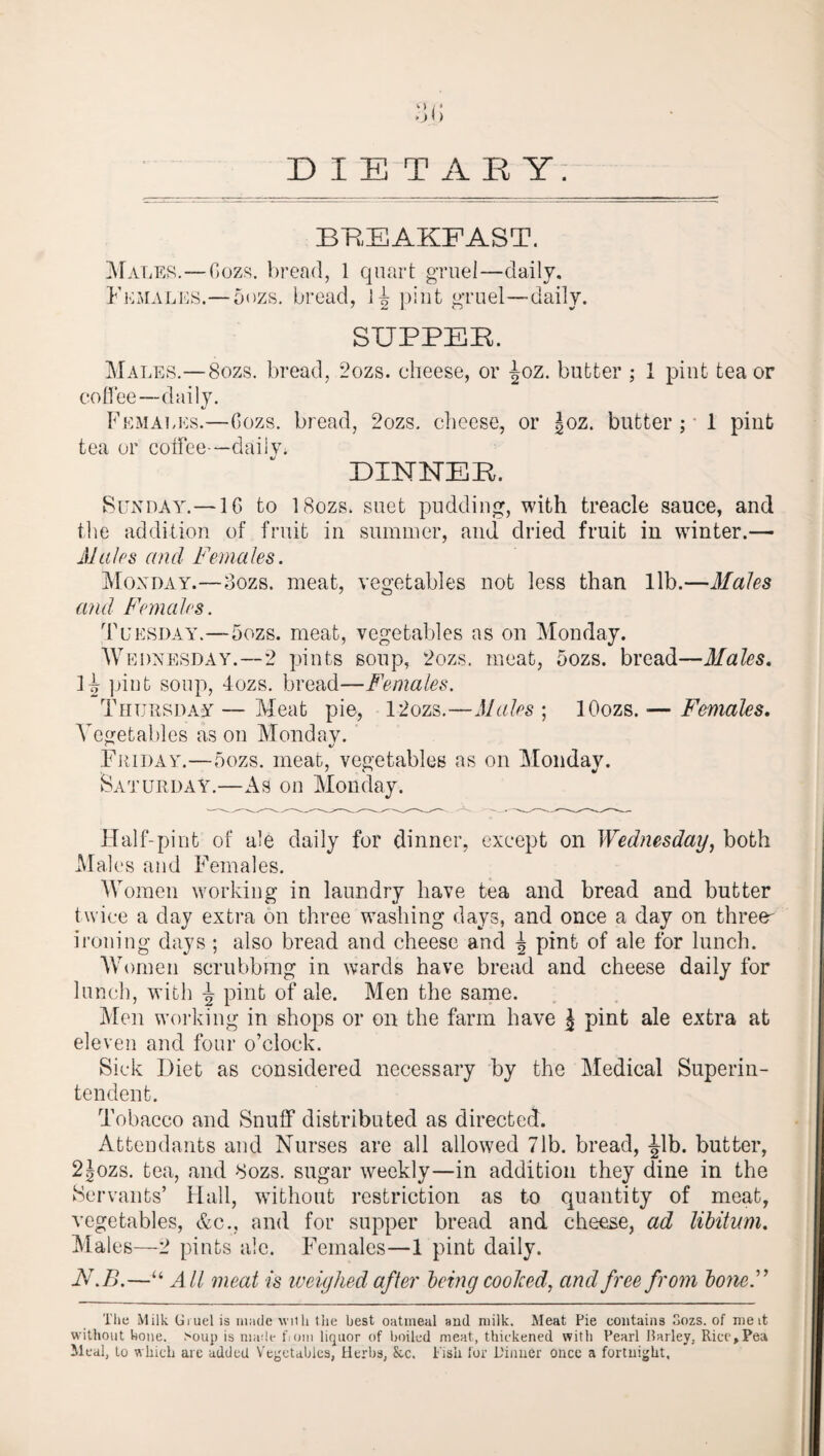 BREAKFAST. Males.—Gozs. bread, 1 quart gruel—daily. Females.—5<>zs. bread, ]J pint gruel—daily. SUPPER. Males.—8ozs. bread, 2ozs. cheese, or Joz. butter ; 1 pint tea or coffee—daily. Females.—Gozs. bread, 2ozs. cheese, or Joz. butter ; 1 pint tea or coffee—daily* DINNER. Sunday.—1G to 18ozs. suet pudding, with treacle sauce, and the addition of fruit in summer, and dried fruit in winter.— Males and Females. Monday.—3ozs. meat, vegetables not less than lib.—Males and Females. Tuesday.—5ozs. meat, vegetables as on Monday. Wednesday.—2 pints soup, 2ozs. meat, 5ozs. bread—Males. H pint soup, 4ozs. bread—Females. Thursday—Meat pie, 12ozs.—Males ; lOozs. — Females. Vegetables as on Monday. Friday.—5ozs. meat, vegetables as on Monday. Saturday.—As on Monday. Half-pint of ale daily for dinner, except on Wednesday, both Males and Females. Women working in laundry have tea and bread and butter twice a day extra on three washing days, and once a day on three- ironing days ; also bread and cheese and J pint of ale for lunch. Women scrubbing in wards have bread and cheese daily for lunch, with \ pint of ale. Men the same. Men working in shops or on the farm have J pint ale extra at eleven and four o’clock. Sick Diet as considered necessary by the Medical Superin¬ tendent. Tobacco and Snuff distributed as directed. Attendants and Nurses are all allowed 7lb. bread, -Jib. butter, 2Jozs. tea, and 8ozs. sugar weekly—in addition they dine in the Servants’ Hall, without restriction as to quantity of meat, vegetables, &c., and for supper bread and cheese, ad libitum. Males—2 pints ale. Females—1 pint daily. N.B.—u All meat is weighed after being coolced, and free from bone.” The Milk Cruel is made with the best oatmeal and milk. Meat Pie contains Gozs. of me it without bone. Soup is made fiom liquor of boiled meat, thickened with Pearl Barley, Rice,Pea Meal, to which are added Vegetables, Herbs, &c. Pish for Dinner once a fortnight,