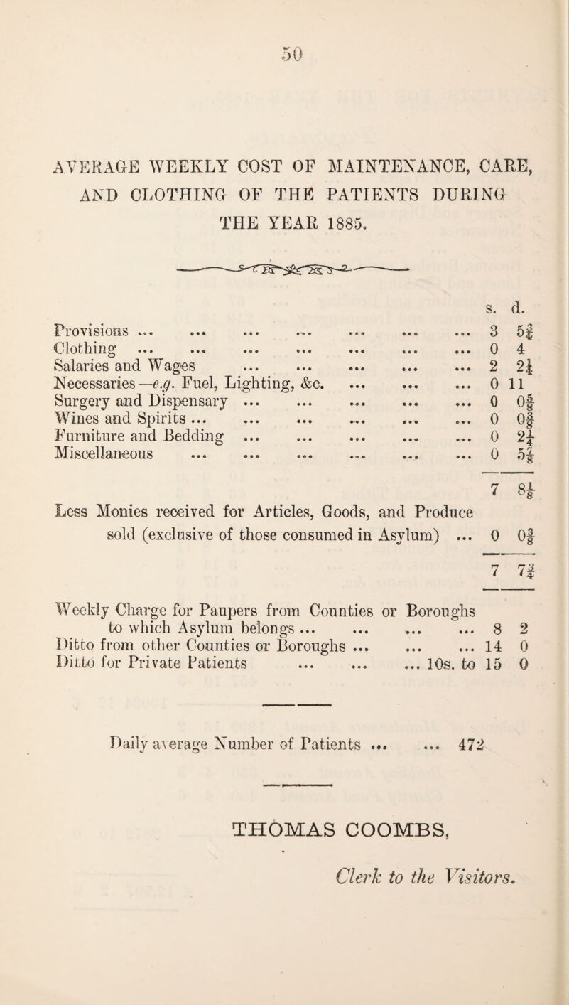 AVERAGE WEEKLY COST OF MAINTENANCE, CARE, AND CLOTHING OF THE PATIENTS DURING THE YEAR 1885. s. d. Provisions ... ••• ... Clothing ••• ... ... ... Salaries and Wages Necessaries— e.g. Fuel, Lighting, &c. Surgery and Dispensary ... Wines and Spirits ... Furniture and Bedding Miscellaneous Less Monies received for Articles, Goods, and Produce sold (exclusive of those consumed in Asylum) %! O 1- - -- to which Asylum belongs ... Ditto from other Counties or Boroughs Ditto for Private Patients • ♦ O 0 o • 3 5j • • • « • • 0 4 • • • • • • 2 2J • • • • 0 11 «•• •«« 0 Of • • • e « • 0 Of • • 0 2± • « • • ♦ ft 0 7 8S and Produce Asylum) ... 0 Of 7 7 j or Boroughs • i • • • • 8 2 • • • • • • 14 0 ... 10s. to 15 0 Daily average Number of Patients ... ... 472 THOMAS COOMBS, Clerk to the Visitors.