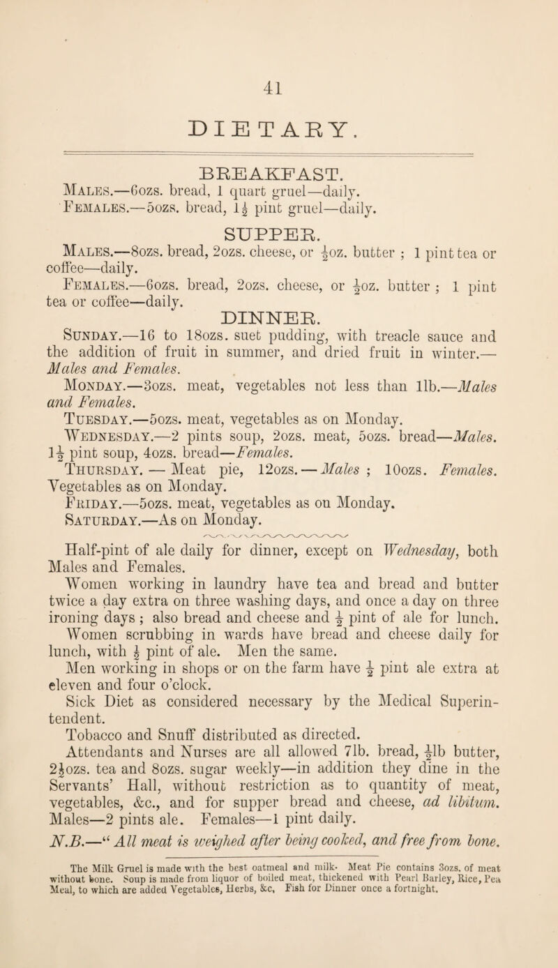 DIE T ARY. BREAKFAST. Males.—6ozs. bread, 1 quart gruel—daily. Females.—5ozs. bread, l£ pint gruel—daily. SUPPEH. Males.—Bozs. bread, 2ozs. cheese, or -|oz. butter ; 1 pint tea or coffee—daily. Females.—6ozs. bread, 2ozs. cheese, or ^oz. butter ; 1 pint tea or coffee—daily. DINNER. Sunday.—16 to lBozs. suet pudding, with treacle sauce and the addition of fruit in summer, and dried fruit in winter.—■ Males and Females. Monday.—3ozs. meat, vegetables not less than lib.—Males and Females. Tuesday.—5ozs. meat, vegetables as on Monday. Wednesday.—2 pints soup, 2ozs. meat, 5ozs. bread—Males. H pint soup, 4ozs. bread—Females. Thursday. — Meat pie, 12ozs. — Males', lOozs. Females. Vegetables as on Monday. Friday.—5ozs. meat, vegetables as on Monday. Saturday.—As on Monday. Half-pint of ale daily for dinner, except on Wednesday, both Males and Females. Women working in laundry have tea and bread and butter twice a day extra on three washing days, and once a day on three ironing days ; also bread and cheese and ^ pint of ale for lunch. Women scrubbing in wards have bread and cheese daily for lunch, with \ pint of ale. Men the same. Men working in shops or on the farm have pint ale extra at eleven and four o’clock. Sick Diet as considered necessary by the Medical Superin¬ tendent. Tobacco and Snuff distributed as directed. Attendants and Nurses are all allowed 71b. bread, ^lb butter, 2Jozs. tea and 8ozs. sugar weekly—in addition they dine in the Servants’ Hall, without restriction as to quantity of meat, vegetables, &c., and for supper bread and cheese, ad libitum. Males—2 pints ale. Females—1 pint daily. N.B.—“ All meat is iveighed after being coolced, and free from bone. The Milk Gruel is made with the best oatmeal and milk- Meat Pie contains 3ozs, of meat without bone. Soup is made from liquor of boiled meat, thickened with Pearl Barley, Rice, Pea Meal, to which are added Vegetables, Herbs, &c. Fish for L'inner once a fortnight.