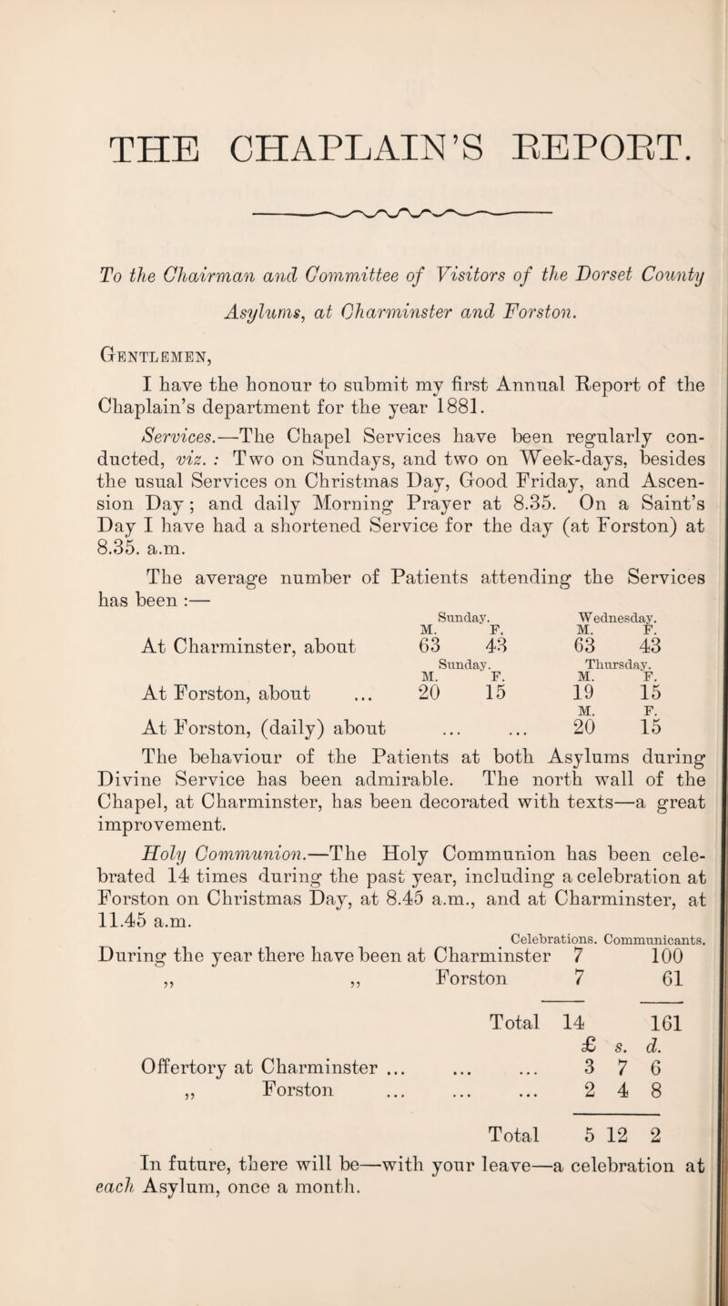 THE CHAPLAIN’S EEPOPT. To the Chairman and Committee of Visitors of the Dorset County Asylums, at Oharminster and Forston. Gentlemen, I have the honour to submit my first Annual Report of the Chaplain’s department for the year 1881. Services.—The Chapel Services have been regularly con¬ ducted, viz. : Two on Sundays, and two on Week-days, besides the usual Services on Christmas Day, Good Friday, and Ascen¬ sion Day; and daily Morning Prayer at 8.35. On a Saint’s Day I have had a shortened Service for the day (at Forston) at 8.35. a.m. The average number of Patients attending the Services has been :— At Charminster, about Sundaj'. M. F. 63 43 Sunday. M. F. 20 15 Wednesday. M. F. 63 43 Thirrsday. M. F. 19 15 M. F. 20 15 At Forston, about At Forston, (daily) about The behaviour of the Patients at both Asylums during Divine Service has been admirable. The north wall of the Chapel, at Charminster, has been decorated with texts—a great improvement. Holy Communion.—The Holy Communion has been cele¬ brated 14 times during the past year, including a celebration at Forston on Christmas Day, at 8.45 a.m., and at Charminster, at 11.45 a.m. Celebrations. Communicants. During the year there have been at Charminster 7 100 ,, Forston 7 61 99 Total 14 161 £> s. d. Offertory at Charminster ... ... ... 3 7 6 „ Forston ... ... ... 2 4 8 Total 5 12 2 In future, there will be—with your leave—a celebration at each Asylum, once a month.