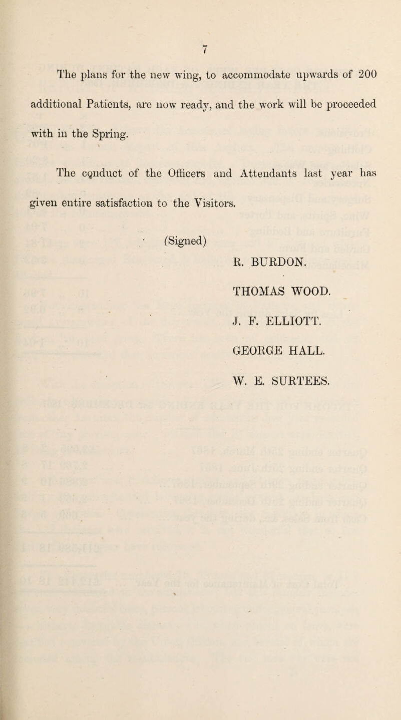 The plans for the new wing, to accommodate upwards of 200 additional Patients, are now ready, and the work will be proceeded with in the Spring. The conduct of the Officers and Attendants last year has given entire satisfaction to the Visitors. (Signed) R. BURDON. THOMAS WOOD. J. F. ELLIOTT. GEORGE HALL. W. E. SURTEES.