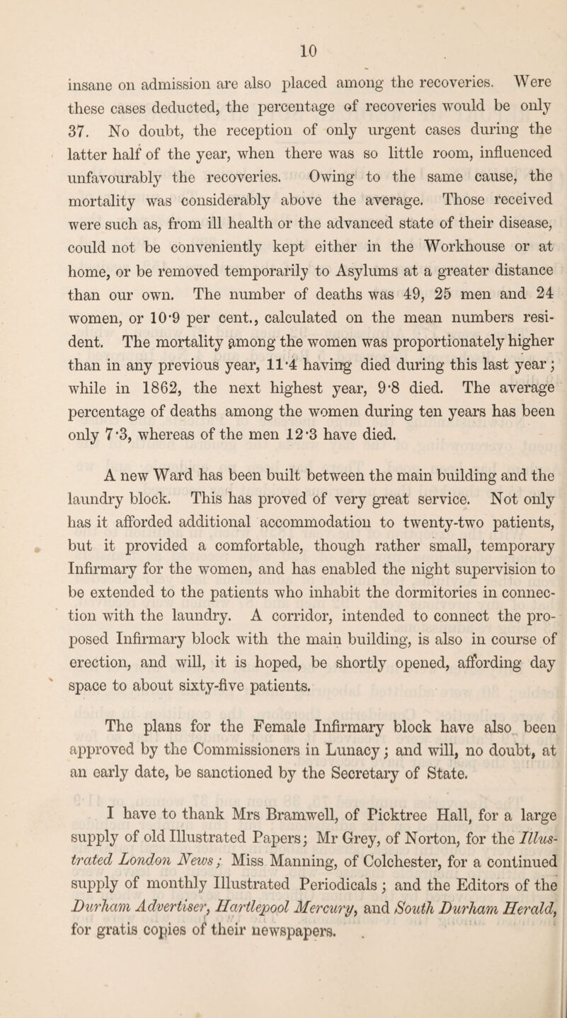 insane on admission are also placed among the recoveries. Were these cases deducted, the percentage of recoveries would be only 37. No doubt, the reception of only urgent cases during the latter half of the year, when there was so little room, influenced unfavourably the recoveries. Owing to the same cause, the mortality was considerably above the average. Those received were such as, from ill health or the advanced state of their disease, could not be conveniently kept either in the Workhouse or at home, or be removed temporarily to Asylums at a greater distance than our own. The number of deaths was 49, 25 men and 24 women, or 10*9 per cent., calculated on the mean numbers resi¬ dent. The mortality among the women was proportionately higher than in any previous year, 11*4 having died during this last year; while in 1862, the next highest year, 9*8 died. The average percentage of deaths among the women during ten years has been only 7*3, whereas of the men 12*3 have died. A new Ward has been built between the main building and the laundry block. This has proved of very great service. Not only has it afforded additional accommodation to twenty-two patients, but it provided a comfortable, though rather small, temporary Infirmary for the women, and has enabled the night supervision to be extended to the patients who inhabit the dormitories in connec¬ tion with the laundry. A corridor, intended to connect the pro¬ posed Infirmary block with the main building, is also in course of erection, and will, it is hoped, be shortly opened, affording day space to about sixty-five patients. The plans for the Female Infirmary block have also been approved by the Commissioners in Lunacy; and will, no doubt, at an early date, be sanctioned by the Secretary of State. I have to thank Mrs Bramwell, of Ficktree Hall, for a large supply of old Illustrated Papers; Mr Grey, of Norton, for the Illus¬ trated London News ; Miss Manning, of Colchester, for a continued supply of monthly Illustrated Periodicals ; and the Editors of the Durham Advertiser, Hartlepool Mercury, and South Durham Herald, for gratis copies of their newspapers.