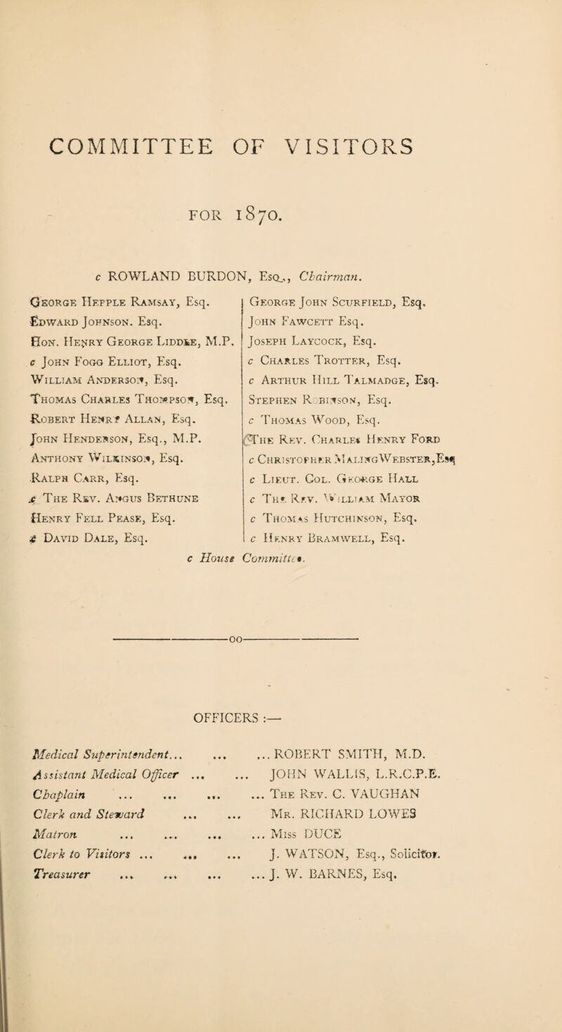 COMMITTEE OF VISITORS FOR 1870. c ROWLAND BURDON, Escl George Hefple Ramsay, Esq. Edward Johnson. Esq. Ron. He^'ry George Fiddle, M.P, e John Fogg Elliot, Esq. William Anderson, Esq. Thomas Charles Thompson, Esq. Robert Henr? Allan, Esq. JTohn Henderson, Esq., M.P. Anthony Wilkinson, Esq. Ralph Carr, Esq. 4 The Rsv. Angus Bethune Henry Fell Pease, Esq. 4 David Dale, Esq. ., Chairman. George John Scurfield, Esq, John Fawcett Esq. Joseph Laycock, Esq. c Charles Trotter, Esq. c Arthur Hill Talmadge, Esq. Stephen R binson, Esq. c Thomas Wood, Esq. (The Rev. Charle* Henry Ford c Christopher MalingWebster,Es^ c Lieut. Col. George Hall c The Rev. W illiam Mayor c Thomes Hutchinson, Esq. c Henry Bramwell, Esq. c House Committee. 00 OFFICERS :— Medical Superintendent... ... ... ROBERT SMITH, M.D. Assistant Medical Officer ... ... JOHN WALLIS, L.R.C.P.E. Chaplain .The Rev. C. VAUGHAN Clerk and Steward . Mr. RICHARD LOWES Matron ... ... ... ... Miss DUCE Clerk to Visitors ... ... ... J. WATSON, Esq., Solicitor. Treasurer ... ... ... ... J. W. BARNES, Esq.