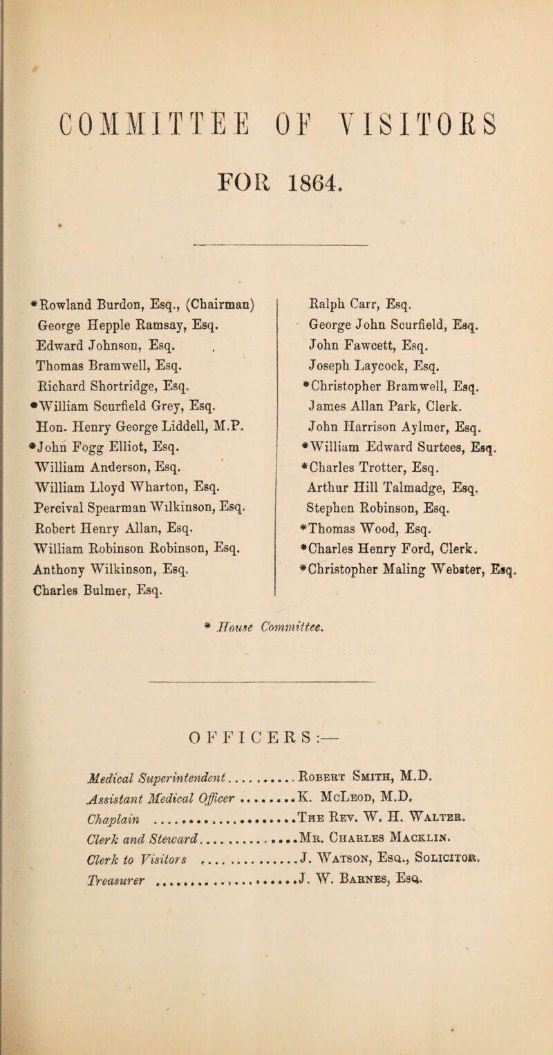 COMMITTEE OF VISITORS FOR 1864. •Rowland Burdon, Esq., (Chairman) George Hepple Ramsay, Esq. Edward Johnson, Esq. Thomas Bramwell, Esq. Richard Shortridge, Esq. •William Scurfield Grey, Esq. Eon. Henry George Liddell, M.P, •John Fogg Elliot, Esq. William Anderson, Esq. William Lloyd Wharton, Esq. Percival Spearman Wilkinson, Esq. Robert Henry Allan, Esq. William Robinson Robinson, Esq. Anthony Wilkinson, Esq. Charles Bulmer, Esq. Ralph Carr, Esq. George John Scurfield, Esq. John Fawcett, Esq. Joseph Laycock, Esq. •Christopher Bramwell, Esq. J ames Allan Park, Clerk. John Harrison Aylmer, Esq. •William Edward Surtees, Esq. •Charles Trotter, Esq. Arthur Hill Talmadge, Esq. Stephen Robinson, Esq. •Thomas Wood, Esq. •Charles Henry Ford, Clerk. •Christopher Maling Webster, Esq. * Home Committee. OFFICERS :— Medical Superintendent.Robert Smith, M.D. Assistant Medical Officer.K. McLeod, M.D, Chaplain .The Rev. W. H. Walter. Clerk and Steward.Mr. Charles Macklin. Clerk to Visitors .J. Watson, Esq., Solicitor. Treasurer ...J. W. Barnes, Esq.