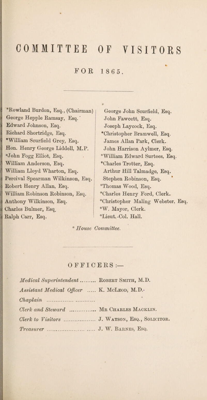 COMMITTEE OF VISITORS FOR 1 86 5. ^Rowland Burdon, Esq., (Chairman) George Hepple Ramsay, Esq. ‘ Edward Johnson, Esq. Richard Shortridge, Esq. *William Scurfield Grey, Esq. Hon. Henry George Liddell, M.P. *John Fogg Elliot, Esq. William Anderson, Esq. William Lloyd Wharton, Esq. Percival Spearman Wilkinson, Esq. Robert Henry Allan, Esq. William Robinson Robinson, Esq. Anthony Wilkinson, Esq. Charles Bulmer, Esq. Ralph Carr, Esq. * House ¥ George John Scurfield, Esq. John Fawcett, Esq. Joseph Lay cock, Esq. ^Christopher Bramwell, Esq. James Allan Park, Clerk. John Harrison Aylmer, Esq. * William Edward Surtees, Esq. ^Charles Trotter, Esq. Arthur Hill Talmadge, Esq. Stephen Robinson, Esq. *Thomas Wood, Esq. ^Charles Henry Ford, Clerk. ^Christopher Maling Webster, Esq. *W. Mayor, Clerk. *Lieut. -Col. Hall. Committee. Medical Superintendent Assistant Medical Officer Chaplain . Clerk and Steward . Clerk to Visitors . Treasurer . Robert Smith, M.D. K. McLeod, M.D.- Mr Charles Macklin. J. Watson, Esq., Solicitor. J. W. Barnes, Esq. OFFICERS :