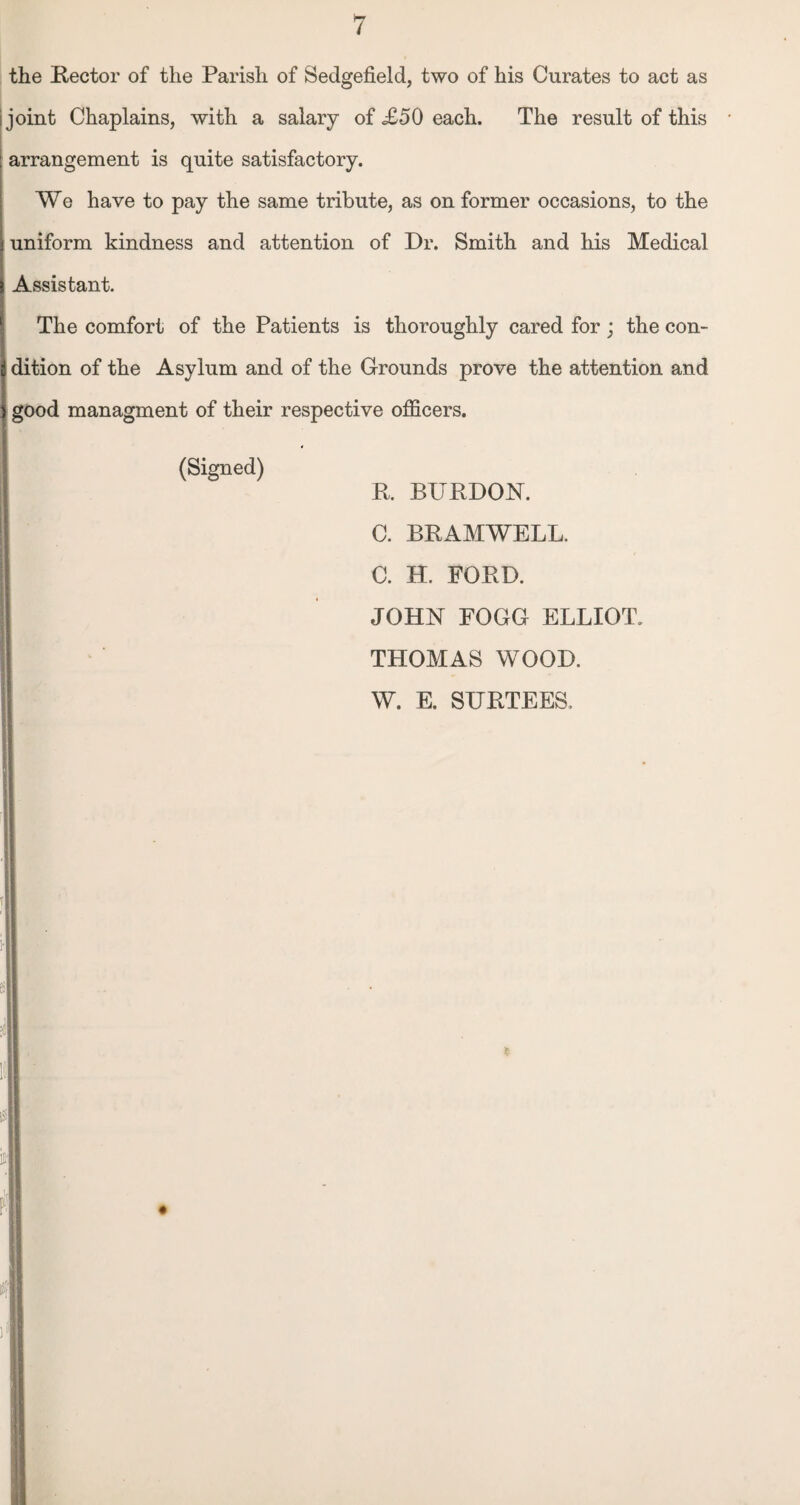 the Rector of the Parish of Sedgefield, two of his Curates to act as joint Chaplains, with a salary of £50 each. The result of this arrangement is quite satisfactory. We have to pay the same tribute, as on former occasions, to the uniform kindness and attention of Dr. Smith and his Medical Assistant. The comfort of the Patients is thoroughly cared for; the con¬ dition of the Asylum and of the Grounds prove the attention and good managment of their respective officers. (Signed) R. BURDON. C. BRAMWELL. C. H. FORD. JOHN FOGG ELLIOT. THOMAS WOOD. W. E. SURTEES.