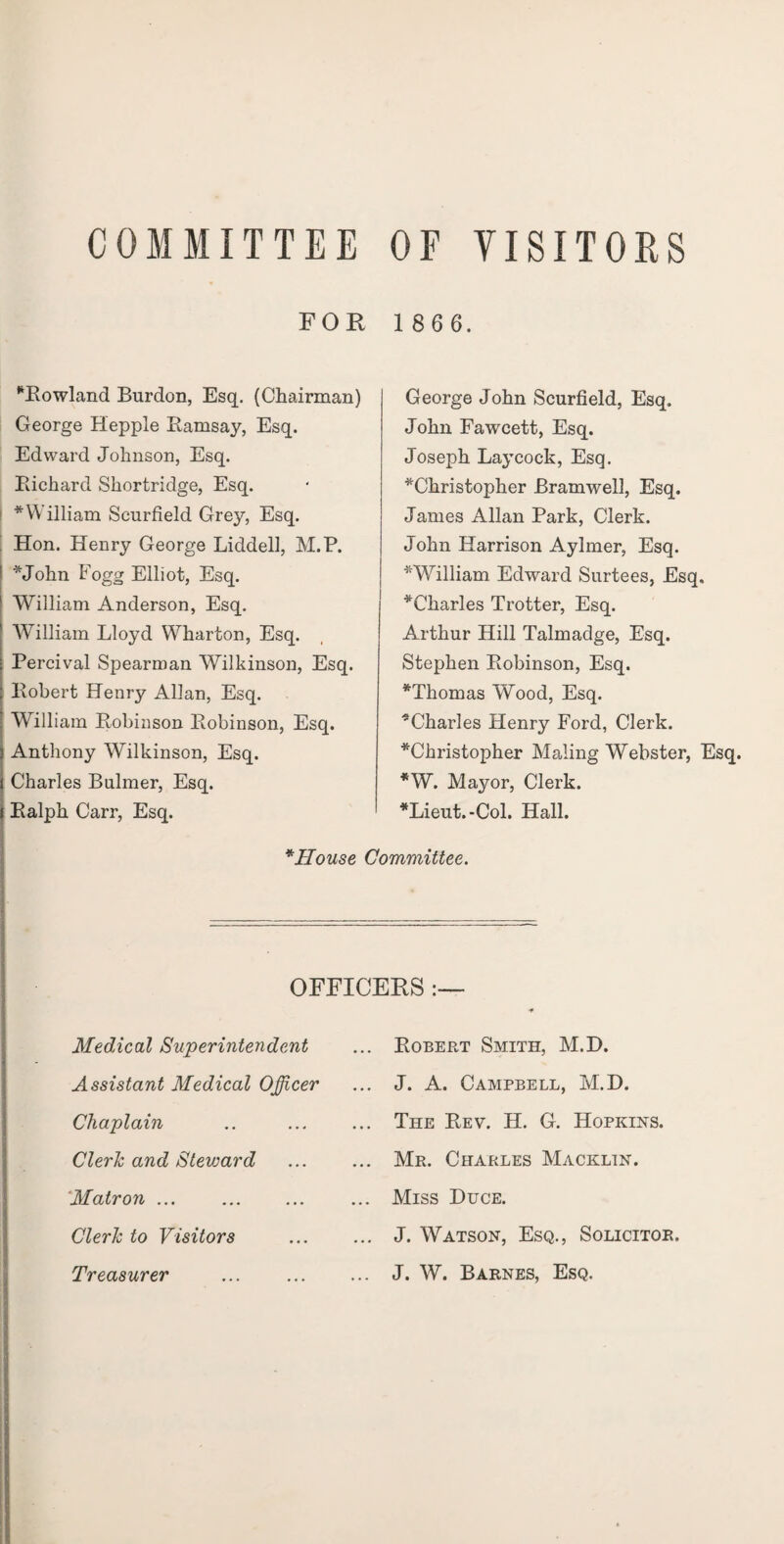 COMMITTEE OF VISITORS FOR 1 866. Rowland Burdon, Esq. (Chairman) George Hepple Ramsay, Esq. Edward Johnson, Esq. Richard Shortridge, Esq. 1 *William Scurfield Grey, Esq. Hon. Henry George Liddell, M.P. John Fogg Elliot, Esq. William Anderson, Esq. William Lloyd Wharton, Esq. Percival Spearman Wilkinson, Esq. Robert Henry Allan, Esq. William Robinson Robinson, Esq. Anthony Wilkinson, Esq. Charles Bnlmer, Esq. Ralph Carr, Esq. George John Scurfield, Esq. John Fawcett, Esq. Joseph Lay cock, Esq. Christopher Bramwell, Esq. James Allan Park, Clerk. John Harrison Aylmer, Esq. William Edward Surtees, Esq. Charles Trotter, Esq. Arthur Hill Talmadge, Esq. Stephen Robinson, Esq. Thomas Wood, Esq. Charles Henry Ford, Clerk. Christopher Maiing Webster, Esq. *W. Mayor, Clerk. Lieut.-Col. Hall. *House Committee. OFFICERS :— Medical Superintendent Assistant Medical Officer Chaplain Cleric and Steward Matron ... . Cleric to Visitors Treasurer Robert Smith, M.D. J. A. Campbell, M.D. The Rev. H. G. Hopkins. Mr. Charles Macklin. Miss Duce. J. Watson, Esq., Solicitor. J. W. Barnes, Esq.