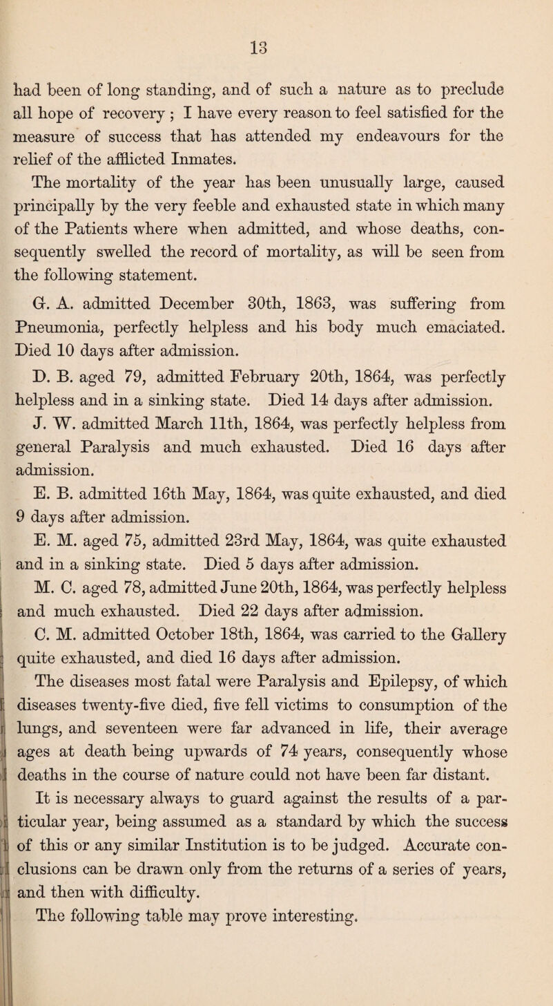 liad been of long standing, and of such a nature as to preclude all hope of recovery ; I have every reason to feel satisfied for the measure of success that has attended my endeavours for the relief of the afflicted Inmates. The mortality of the year has been unusually large, caused principally by the very feeble and exhausted state in which many of the Patients where when admitted, and whose deaths, con¬ sequently swelled the record of mortality, as will be seen from the following statement. ;i - G. A. admitted December 30th, 1863, was suffering from Pneumonia, perfectly helpless and his body much emaciated. Died 10 days after admission. D. B. aged 79, admitted February 20th, 1864, was perfectly helpless and in a sinking state. Died 14 days after admission. J. W. admitted March 11th, 1864, was perfectly helpless from general Paralysis and much exhausted. Died 16 days after admission. E. B. admitted 16th May, 1864, was quite exhausted, and died 9 days after admission. E. M. aged 75, admitted 23rd May, 1864, was quite exhausted and in a sinking state. Died 5 days after admission. M. C. aged 78, admitted June 20th, 1864, was perfectly helpless and much exhausted. Died 22 days after admission. C. M. admitted October 18th, 1864, was carried to the Gallery quite exhausted, and died 16 days after admission. The diseases most fatal were Paralysis and Epilepsy, of which diseases twenty-five died, five fell victims to consumption of the lungs, and seventeen were far advanced in life, their average ages at death being upwards of 74 years, consequently whose deaths in the course of nature could not have been far distant. It is necessary always to guard against the results of a par¬ ticular year, being assumed as a standard by which the success of this or any similar Institution is to be judged. Accurate con¬ clusions can be drawn only from the returns of a series of years, and then with difficulty. The following table may prove interesting.