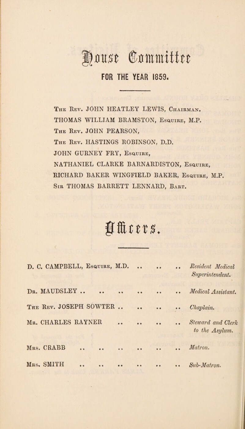 FOR THE YEAR 1859. The Rev. JOHN HEATLEY LEWIS, Chairman. THOMAS WILLIAM BRAMSTON, EsauiRE, M.P. The Rev. JOHN PEARSON, The Rev. HASTINGS ROBINSON, D.D. JOHN GURNEY PRY, Esciuire, NATHANIEL CLARKE BARNARDISTON, EsauiRE, RICHARD BAKER WINGFIELD BAKER, EsauiRE, M.P. Sir THOMAS BARRETT LENNARD, Bart. 9 Aim*. D. C. CAMPBELL, EsauiRE, M.D.Resident Medical Superintendent. Dr. MAUDSLEY Medical Assistant. The Rev. JOSEPH SOWTER .. .. .. .. Chaplain. Mr. CHARLES RAYNER .. .. .. .. Steward and Clerk to the Asylum. Mrs. CRABB Mrs, SMITH .. Matron. • • Sub-Matron.