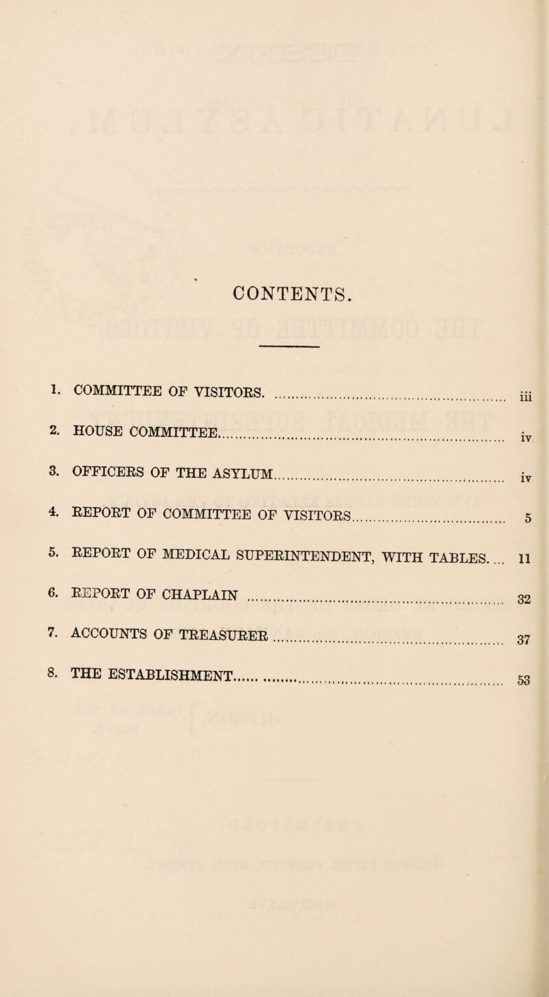CONTENTS 1. COMMITTEE OF VISITORS. m 2. HOUSE COMMITTEE. iv 3. OFFICEES OF THE ASYLUM. iv 4. EEPOET OF COMMITTEE OF VISITOES. 5 5. EEPOET OF MEDICAL SUPEEINTENDENT, WITH TABLES. 11 6. EEPOET OF CHAPLAIN . o9 7. ACCOUNTS OF TEEASUEEE 8. THE ESTABLISHMENT. 53