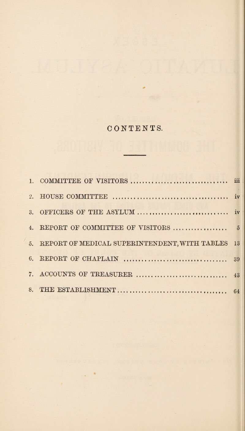 CONTENTS. 1. COMMITTEE OF VISITORS. in 2. HOUSE COMMITTEE . iv 3. OFFICERS OF THE ASYLUM. iv 4. REPORT OF COMMITTEE OF VISITORS. 5 o. REPORT OF MEDICAL SUPERINTENDENT, WITH TABLES 13 6. REPORT OF CHAPLAIN . 39 7. ACCOUNTS OF TREASURER.,. 43 8. THE ESTABLISHMENT. 64