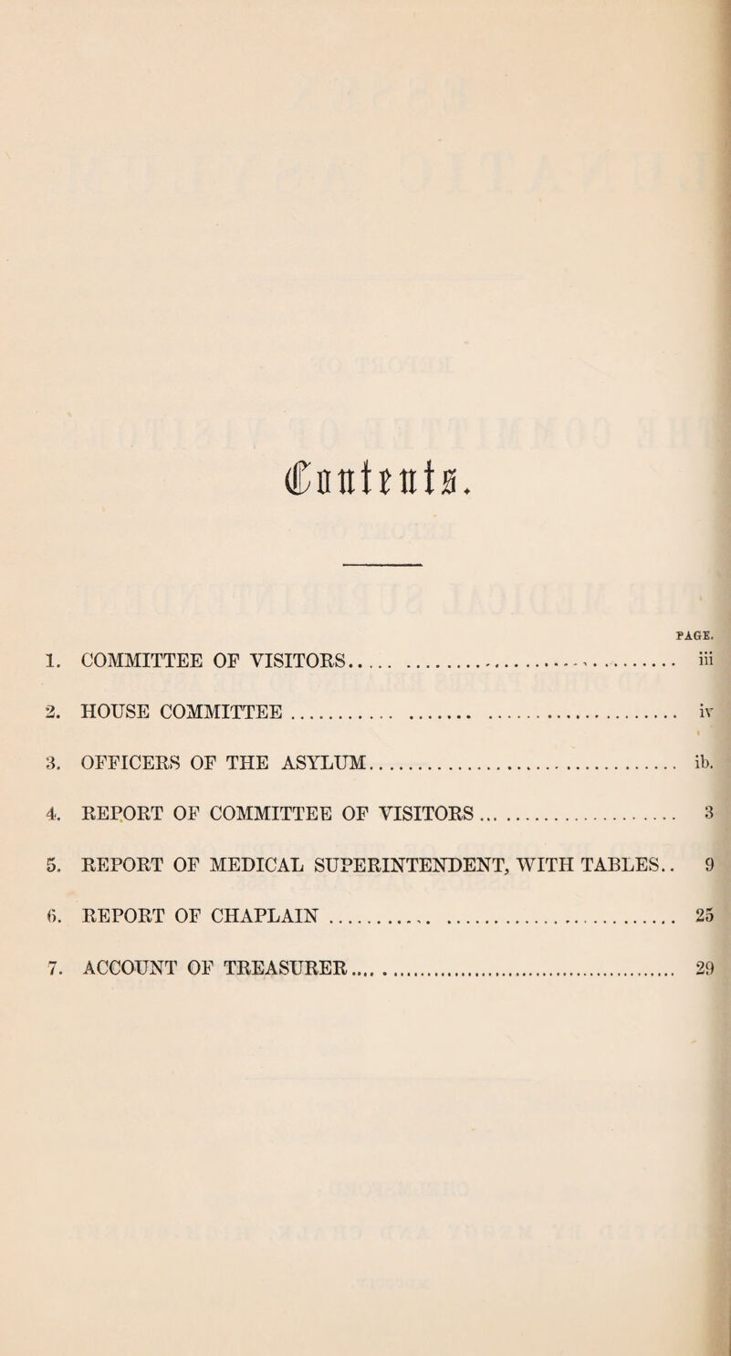Cntthttta. PAGE. 1. COMMITTEE OF VISITORS. iii 2. HOUSE COMMITTEE. iv i ] 3. OFFICERS OF THE ASYLUM. ib. 4. REPORT OF COMMITTEE OF VISITORS. 3 5. REPORT OF MEDICAL SUPERINTENDENT, WITH TABLES.. 9 6. REPORT OF CHAPLAIN. 25 7. ACCOUNT OF TREASURER.. 29