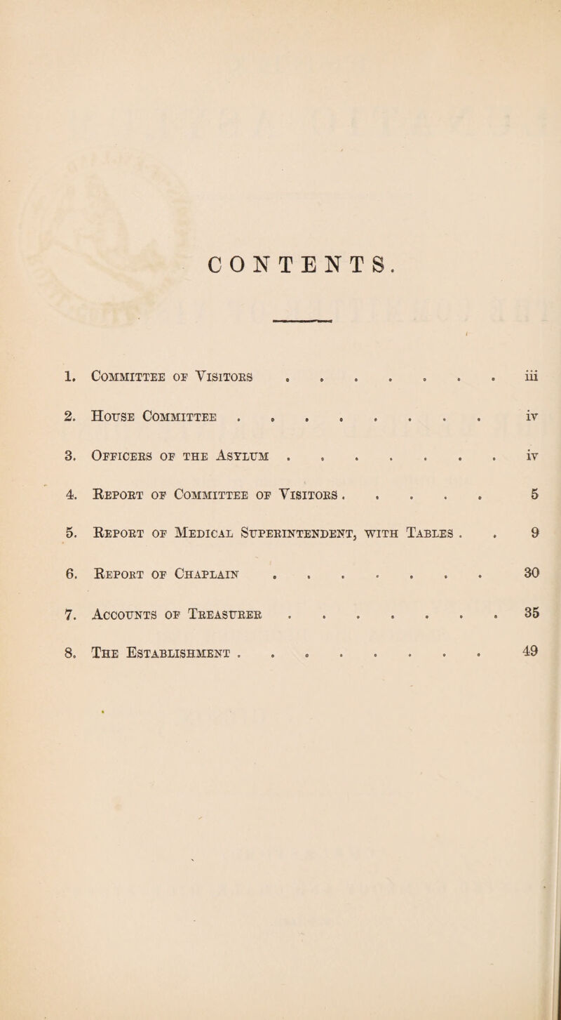 CONTENTS. / 1. Committee oe Visitors ....... iii 2. House Committee ........ iv 3. Officers of the Asylum . iv 4. Report of Committee of Visitors. 5 5. Report of Medical Superintendent with Tables . . 9 6. Report of Chaplain.30 7. Accounts of Treasurer ....... 35 8. The Establishment ........ 49