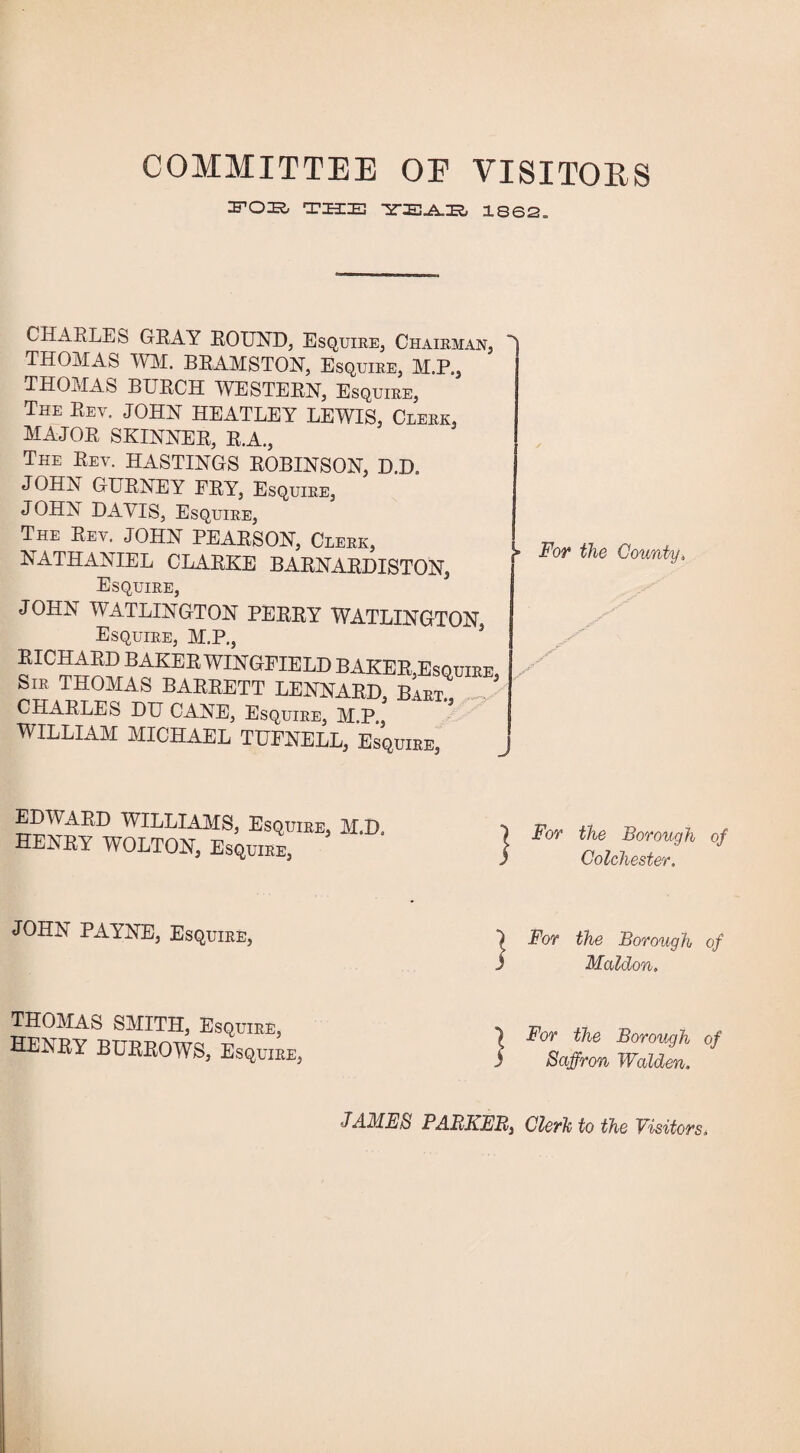 COMMITTEE OE VISITORS FOB THE 1862. CHARLES GRAY ROUND, Esquire, Chairman, THOMAS WM. BRAMSTON, Esquire, M.P., THOMAS BURCH WESTERN, Esquire, The Rev. JOHN HEATLEY LEWIS, Clerk, MAJOR SKINNER, R.A., The Rev. HASTINGS ROBINSON, D.D. JOHN GURNEY FRY, Esquire, JOHN DAVIS, Esquire, The Rev. JOHN PEARSON, Clerk, NATHANIEL CLARKE BARNARDISTON, Esquire, JOHN WATLINGTON PERRY WATLINGTON Esquire, M.P., EICHAKD BAKER WINGFIELD BAKER,Esquire, Sir THOMAS BARRETT LEOTARD, Bart! CHARLES DU CANE, Esquire, M.P., WILLIAM MICHAEL TUFNELL, Esquire, » For the County, EDWARD WILLIAMS, Esquire, M.D. HENRY WOLTON, Esquire, JOHN PAYNE, Esquire, THOMAS SMITH, Esquire, HENRY BURROWS, Esquire, } 1 } For the Borough of Colchester. For the Borough of Maldon, For the Borough of Saffron Walden. JAMES PAPKER} Clerk to the Visitors„
