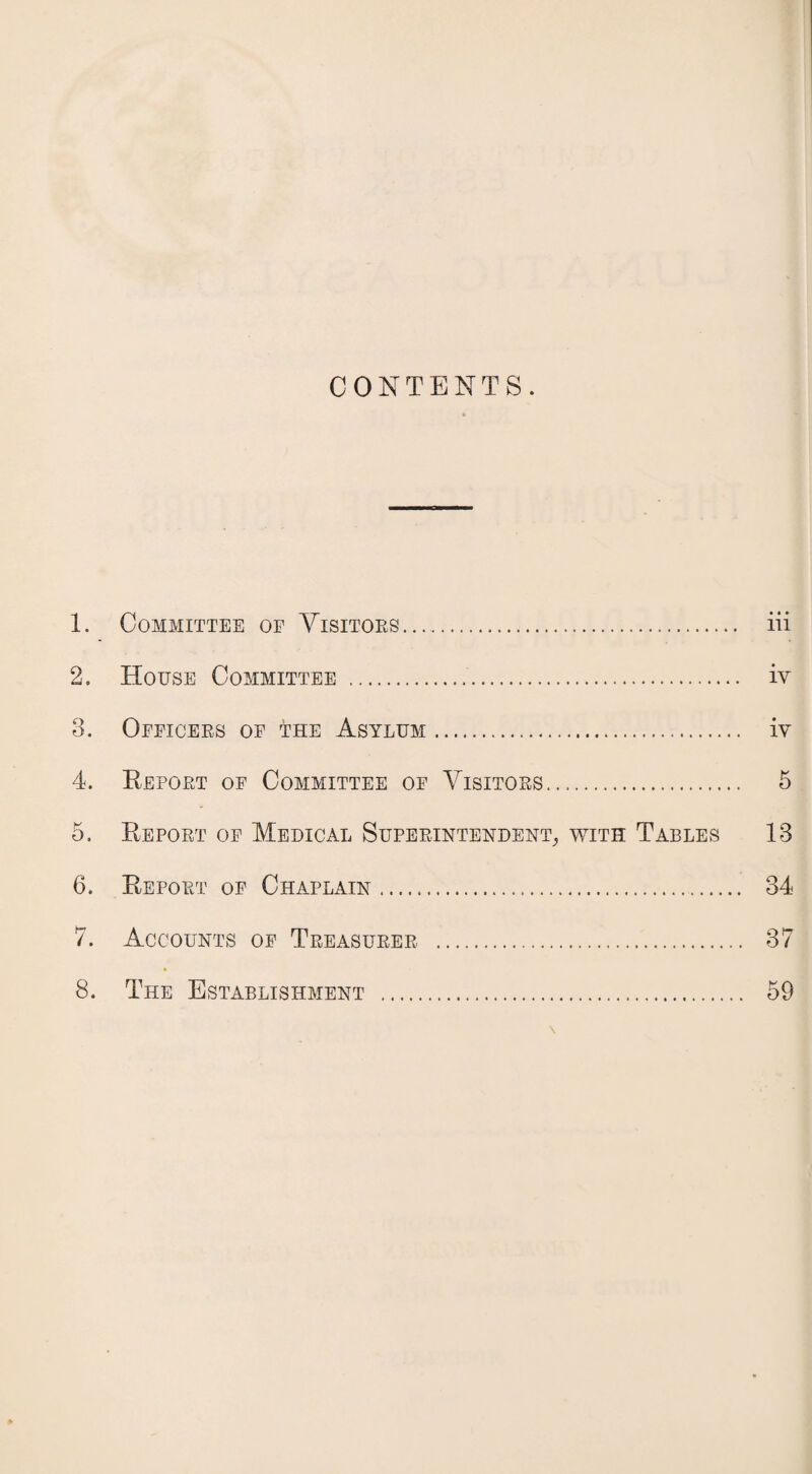 CONTENTS. 1. Committee oe Visitors.... iii 2. House Committee . iv 3. Officers of the Asylum. iv 4. Report of Committee of Visitors. 5 5. Report of Medical Superintendent, with Tables 13 6. Report of Chaplain. 34 7. Accounts of Treasurer, . 37 8. The Establishment . 59 \