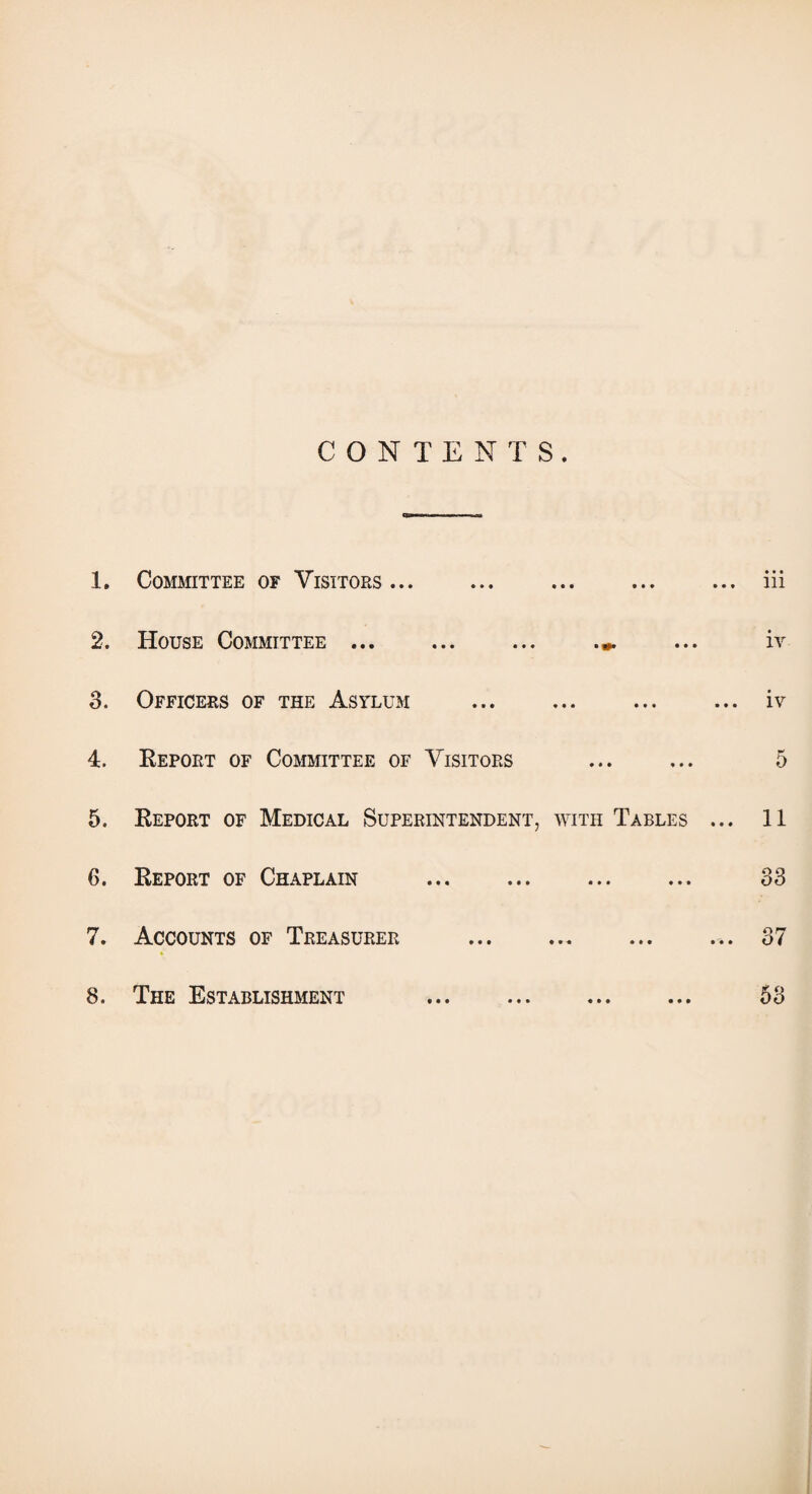 CONTENTS. 1. Committee of Visitors... ... ... ... ... iii 2. House Committee ... ... ... ... iv 3. Officers of the Asylum ... ... ... ... iv 4. Report of Committee of Visitors ... ... 5 5. Report of Medical Superintendent, with Tables ... 11 6. Report of Chaplain . 33 7. Accounts of Treasurer .. 37 8. The Establishment • • • • • • • • • 53