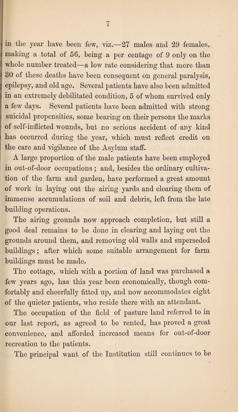 I i in the year have been few, viz.—27 males and 29 females, | making a total of 56, being a per centage of 9 only on the I whole number treated—a low rate considering that more than ) 30 of these deaths have been consequent on general paralysis, | epilepsy, and old age. Several patients have also been admitted c in an extremely debilitated condition, 5 of whom survived only a few days. Several patients have been admitted with strong i suicidal propensities, some bearing on their persons the marks j of self-inflicted wounds, but no serious accident of any kind i has occurred during the year, which must reflect credit on the care and vigilance of the Asylum staff. A large proportion of the male patients have been employed in out-of-door occupations ; and, besides the ordinary cultiva¬ tion of the farm and garden, have performed a great amount of work in laying out the airing yards and clearing them of immense accumulations of soil and debris, left from the late building operations. The airing grounds now approach completion, but still a good deal remains to be done in clearing and laying out the grounds around them, and removing old walls and superseded buildings; after which some suitable arrangement for farm buildings must be made. The cottage, which with a portion of land was purchased a few years ago, has this year been economically, though com¬ fortably and cheerfully fitted up, and now accommodates eight of the quieter patients, who reside there with an attendant. The occupation of the field of pasture land referred to in our last report, as agreed to be rented, has proved a great convenience, and afforded increased means for out-of-door recreation to the patients. The principal want of the Institution still continues to be