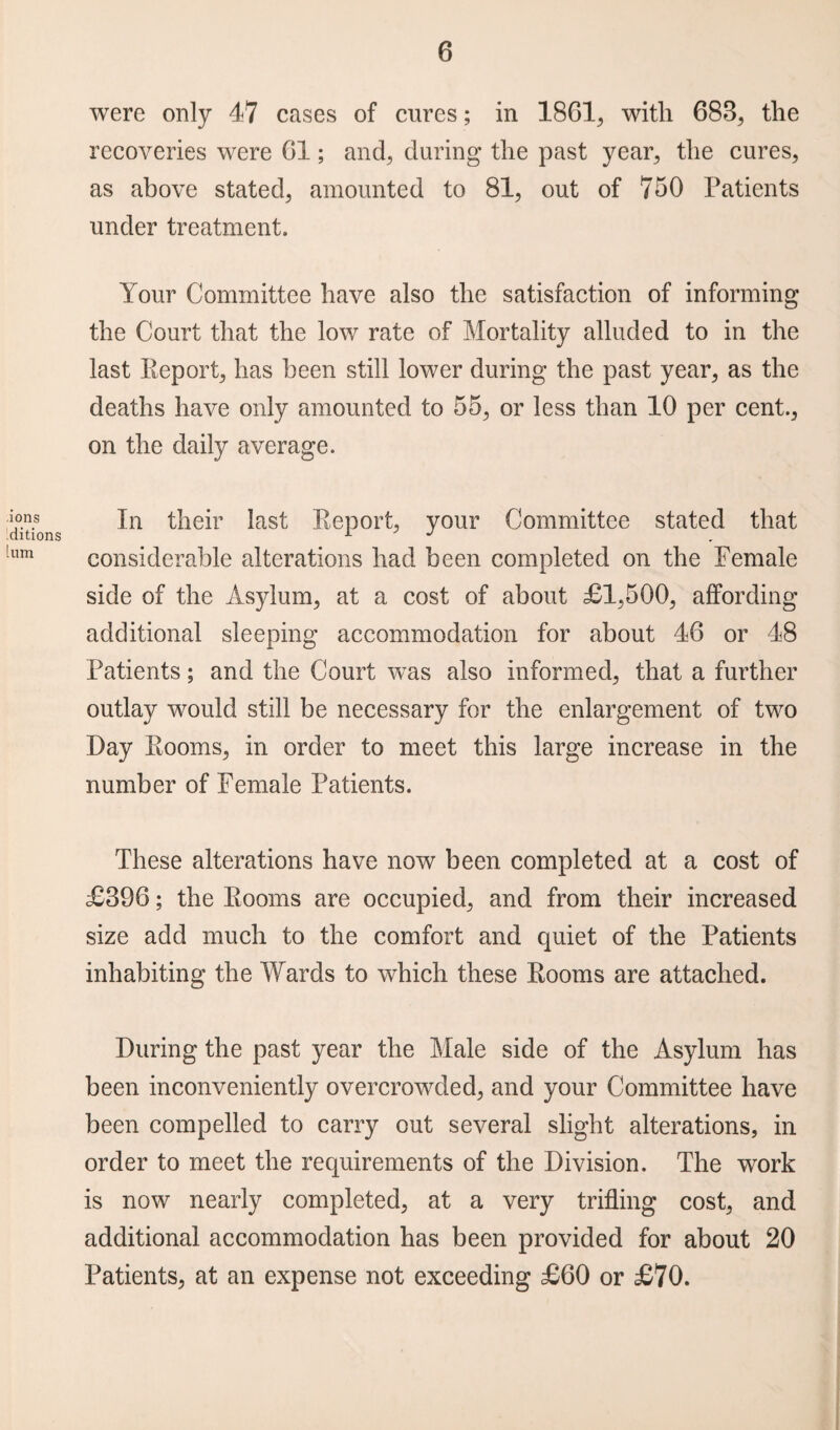 ions ditions um were only 47 cases of cures; in 1861, with 683, the recoveries were G1; and, during the past year, the cures, as above stated, amounted to 81, out of 750 Patients under treatment. Your Committee have also the satisfaction of informing the Court that the low rate of Mortality alluded to in the last Report, has been still lower during the past year, as the deaths have only amounted to 55, or less than 10 per cent., on the daily average. In their last Report, your Committee stated that considerable alterations had been completed on the Female side of the Asylum, at a cost of about £1,500, affording additional sleeping accommodation for about 46 or 48 Patients; and the Court was also informed, that a further outlay would still be necessary for the enlargement of two Day Rooms, in order to meet this large increase in the number of Female Patients. These alterations have now been completed at a cost of £396; the Rooms are occupied, and from their increased size add much to the comfort and quiet of the Patients inhabiting the Wards to which these Rooms are attached. During the past year the Male side of the Asylum has been inconveniently overcrowded, and your Committee have been compelled to carry out several slight alterations, in order to meet the requirements of the Division. The work is now nearly completed, at a very trifling cost, and additional accommodation has been provided for about 20 Patients, at an expense not exceeding £60 or £70.