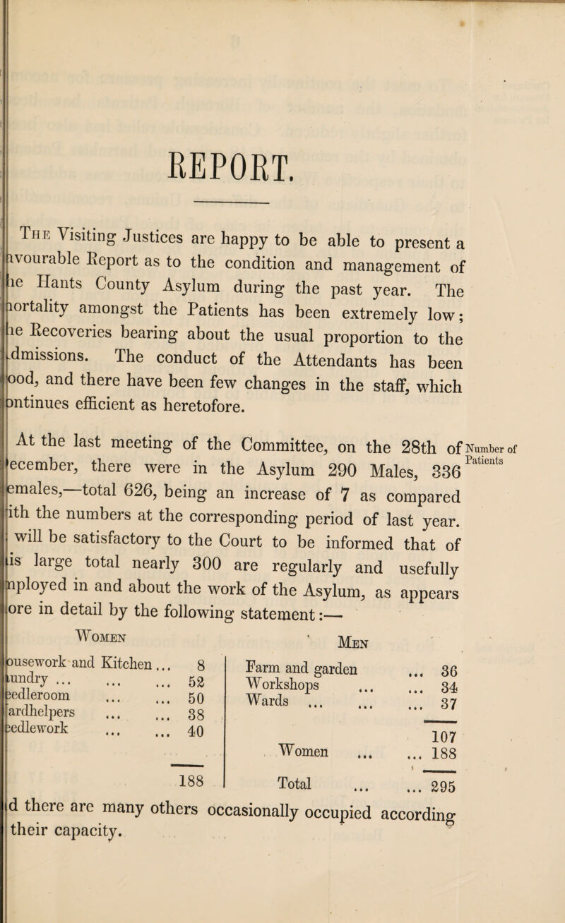 The Visiting Justices are happy to be able to present a ivourable Report as to the condition and management of ie Hants County Asylum during the past year. The lortality amongst the Patients has been extremely low; ie Recoveries bearing about the usual proportion to the .dmissions. The conduct of the Attendants has been ood, and there have been few changes in the staff, which mtinues efficient as heretofore. At the last meeting of the Committee, on the 28th of Number of ecember, there were in the Asylum 290 Males, 336PatlCUtS emales, total 626, being an increase of 7 as compared ith the numbers at the corresponding period of last year, will be satisfactory to the Court to be informed that of is large total nearly 300 are regularly and usefully nployed in and about the work of the Asylum, as appears ore in detail by the following statement Women ousework and Kitchen 'undry. iedleroom ardhelpers ledlework 8 52 50 38 40 188 Men Farm and garden Workshops Wards Women Total • • • 36 34 37 107 188 295 d there are many others occasionally occupied according their capacity.