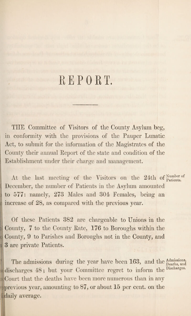 THE Committee of Visitors of the County Asylum beg, in conformity with the provisions of the Pauper Lunatic Act, to submit for the information of the Magistrates of the County their annual Report of the state and condition of the Establishment under their charge and management. At the last meeting of the Visitors on the 24th of p^etrs.of December, the number of Patients in the Asylum amounted I to 577: namely, 273 Males and 304 Females, being an increase of 28, as compared with the previous year. Of these Patients 382 are chargeable to Unions in the County, 7 to the County Rate, 176 to Boroughs within the v County, 9 to Parishes and Boroughs not in the County, and i 3 are private Patients. The admissions during the year have been 163, and the ^LThs'and i discharges 48; but your Committee regret to inform the Dlscharges' 1 Court that the deaths have been more numerous than in any ; previous year, amounting to 87, or about 15 per cent, on the sj daily average.