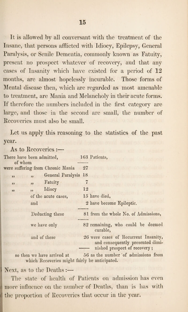 It is allowed by all conversant with the treatment of the Insane, that persons afflicted with Idiocy, Epilepsy, General Paralysis, or Senile Dementia, commonly known as Fatuity, present no prospect whatever of recovery, aud that any cases of Insanity which have existed for a period of 12 months, are almost hopelessly incurable. Those forms of Mental disease then, which are regarded as most amenable to treatment, are Mania and Melancholy in their acute forms. If therefore the numbers included in the first category are large, and those in the second arc small, the number of Recoveries must also be small. Let us apply this reasoning to the statistics of the past year. As to Recoveries :— There have been admitted, 163 Patients, of whom - were suffering from Chronic Mania 27 General Paralysis 18 »» Fatuity Idiocy of the acute cases, and Deducting these we have only and of these so then we have arrived at 7 12 15 have died, 2 have become Epileptic. 81 from the whole No. of Admissions, 82 remaining, who could be deemed curable, 26 were cases of Recurrent Insanity, and consequently presented dimi- - nished prospect of recovery ; 56 as the number of admissions from which Recoveries might fairly be anticipated. Next, as to the Deaths:— The state of health of Patients on admission has even more influence on the number of Deaths, than is has with the proportion of Recoveries that occur in the year.