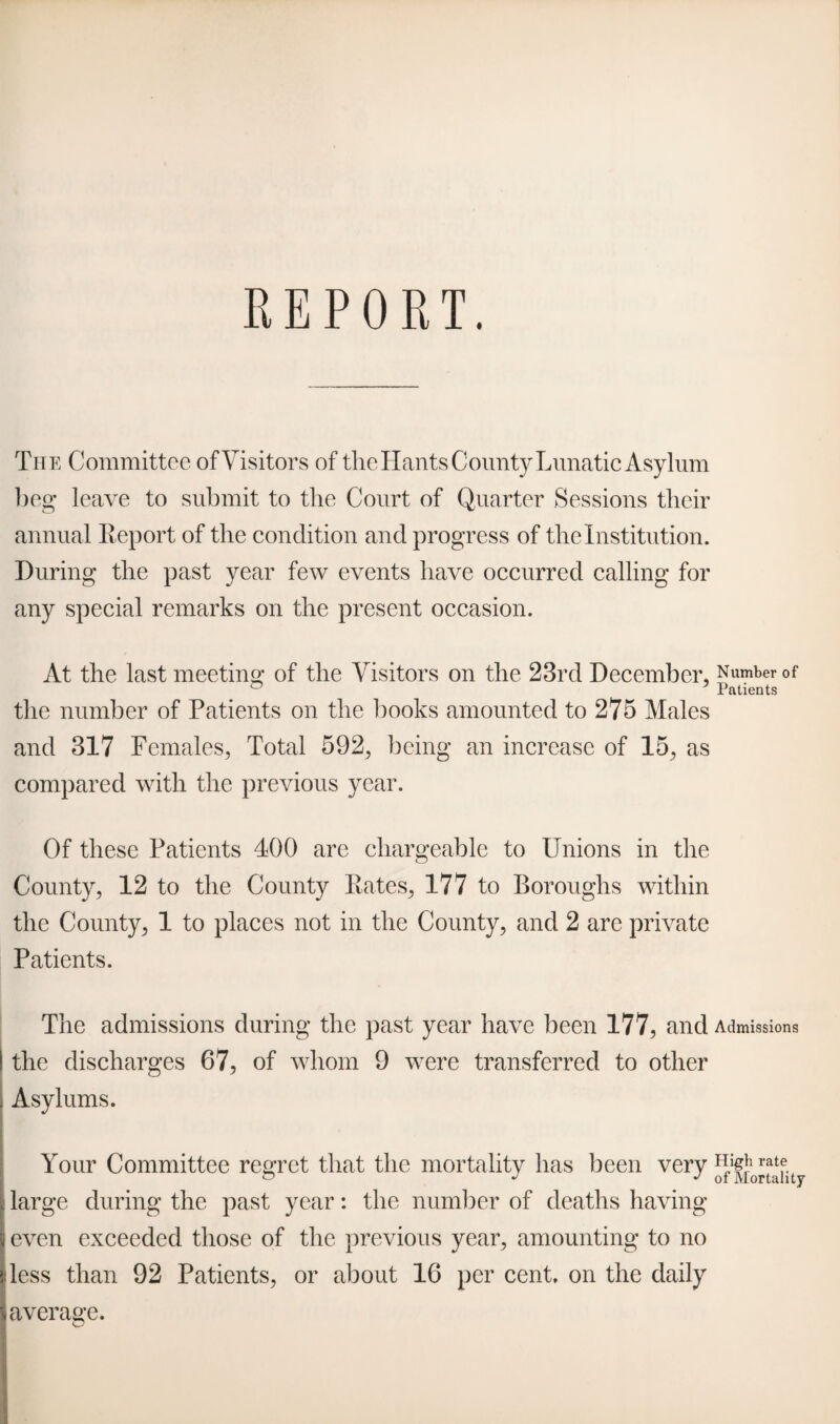 The Committee of Visitors of the Hants County Lunatic Asylum beg leave to submit to the Court of Quarter Sessions their annual Report of the condition and progress of the Institution. During the past year few events have occurred calling for any special remarks on the present occasion. At the last meeting of the Visitors on the 23rd December, Number of Patients the number of Patients on the books amounted to 275 Males and 317 Females, Total 592, being an increase of 15, as compared with the previous year. Of these Patients 400 are chargeable to Unions in the County, 12 to the County Rates, 177 to Boroughs within the County, 1 to places not in the County, and 2 are private Patients. The admissions during the past year have been 177, and Admissions I the discharges 67, of whom 9 were transferred to other j Asylums. Your Committee regret that the mortality has been very S large during the past year: the number of deaths having even exceeded those of the previous year, amounting to no less than 92 Patients, or about 16 per cent, on the daily average.