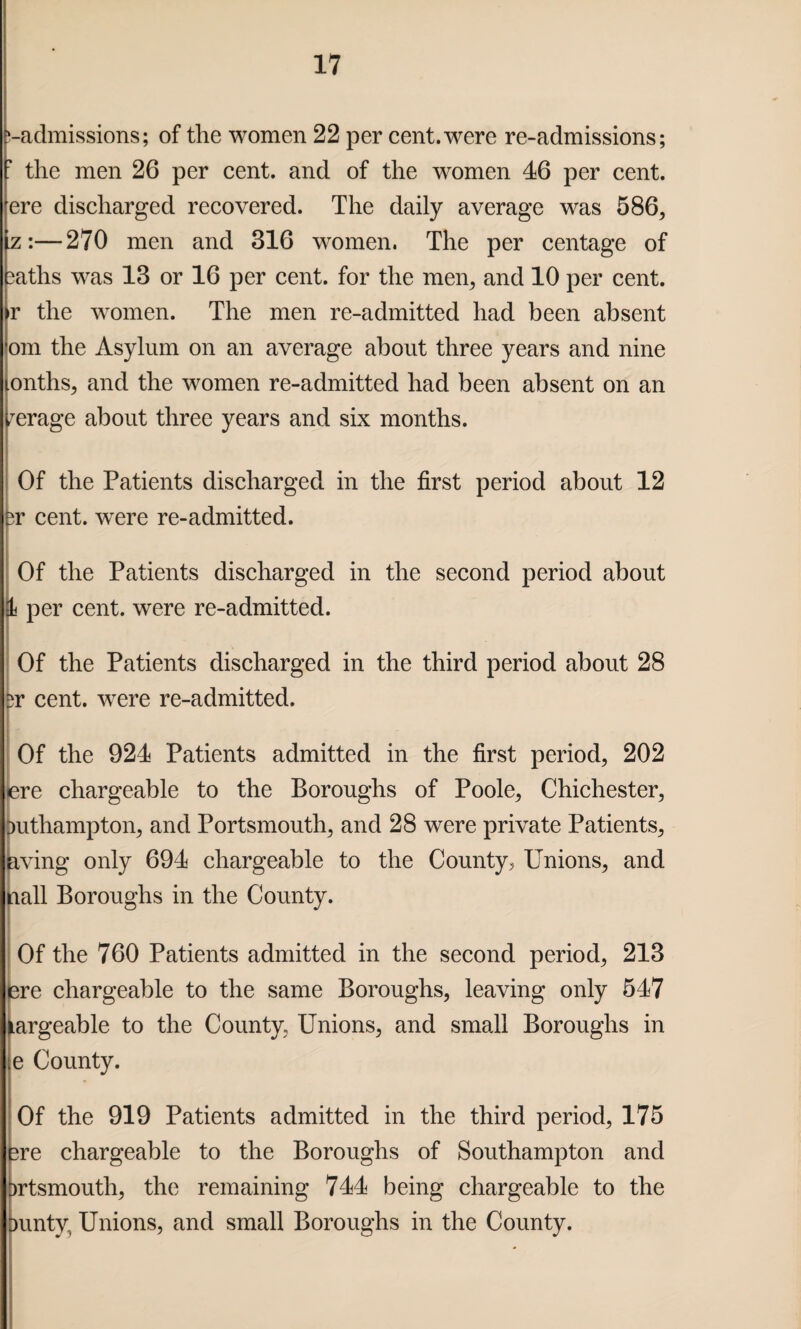 ‘-admissions; of the women 22 per cent.were re-admissions; f the men 26 per cent, and of the women 46 per cent, ere discharged recovered. The daily average was 586, lz :—270 men and 316 women. The per centage of Iiaths was 13 or 16 per cent, for the men, and 10 per cent, r the women. The men re-admitted had been absent om the Asylum on an average about three years and nine tonths, and the women re-admitted had been absent on an ferage about three years and six months. Of the Patients discharged in the first period about 12 er cent. wrere re-admitted. Of the Patients discharged in the second period about % per cent, were re-admitted. Of the Patients discharged in the third period about 28 sr cent. wrere re-admitted. Of the 924 Patients admitted in the first period, 202 ere chargeable to the Boroughs of Poole, Chichester, )uthampton, and Portsmouth, and 28 were private Patients, aving only 694 chargeable to the County > Unions, and nail Boroughs in the County. Of the 760 Patients admitted in the second period, 213 ere chargeable to the same Boroughs, leaving only 547 largeable to the County, Unions, and small Boroughs in e County. Of the 919 Patients admitted in the third period, 175 3re chargeable to the Boroughs of Southampton and brtsmoutli, the remaining 744 being chargeable to the Dunty, Unions, and small Boroughs in the County.