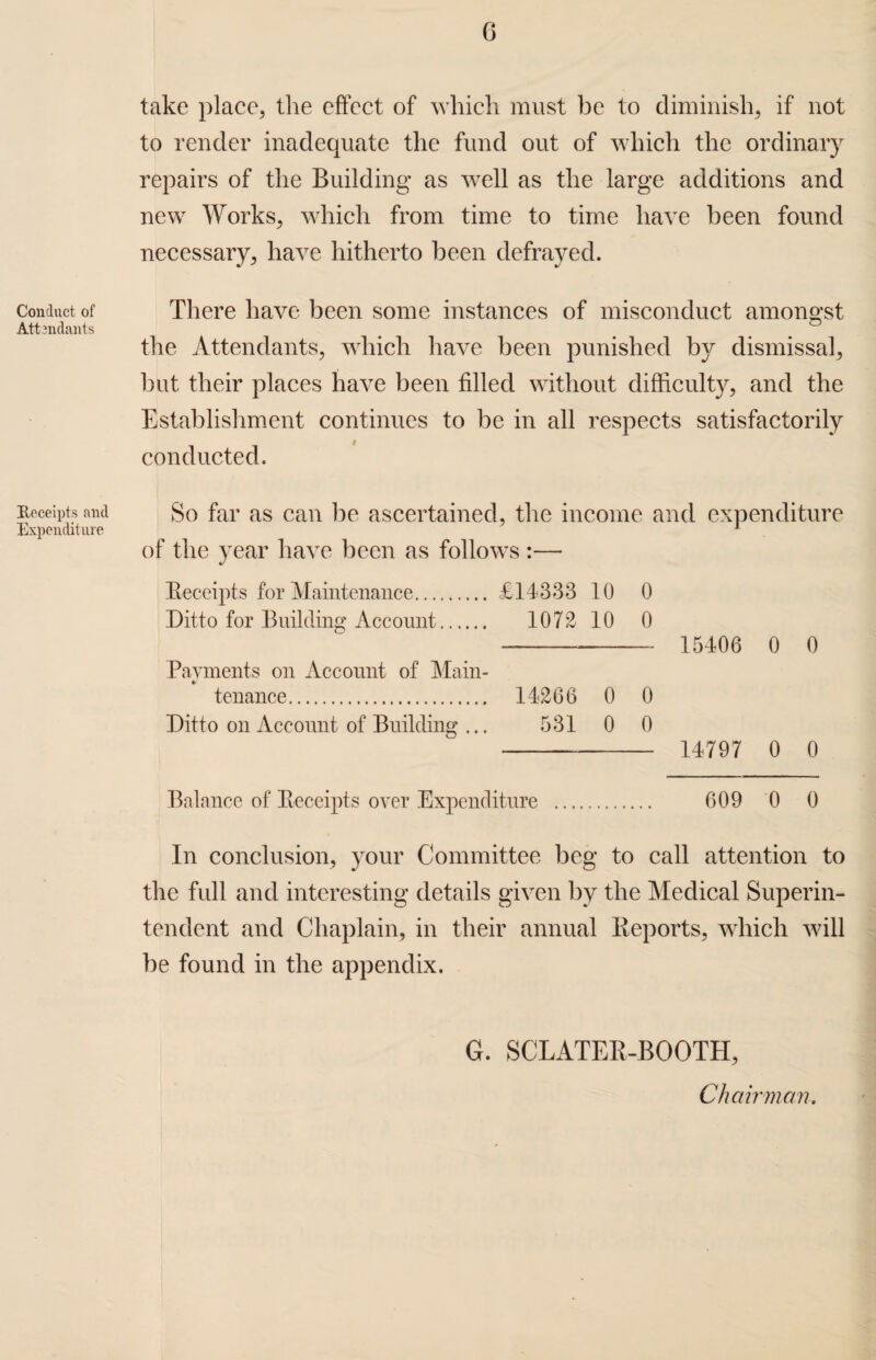 Conduct of Attendants Receipts and Expenditure take place, tlie effect of which must be to diminish, if not to render inadequate the fund out of which the ordinary repairs of the Building as well as the large additions and new Works, which from time to time have been found necessary, have hitherto been defrayed. There have been some instances of misconduct amongst the Attendants, which have been punished by dismissal, but their places have been filled without difficulty, and the Establishment continues to be in all respects satisfactorily conducted. So far as can be ascertained, the income and expenditure of the year have been as follows :— Receipts for Maintenance. £14333 10 0 Ditto for Building Account. 1072 10 0 - 15406 0 0 Payments on Account of Main¬ tenance. 14266 0 0 Ditto on Account of Building ... 531 0 0 --- 14797 0 0 Balance of Receipts over Expenditure . 609 0 0 In conclusion, your Committee beg to call attention to the full and interesting details given by the Medical Superin¬ tendent and Chaplain, in their annual Reports, which will be found in the appendix. G. SCLATER-BOOTH, Chairman.