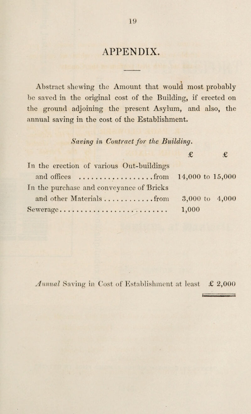 APPENDIX. % Abstract shewing the Amount that would most probably be saved in the original cost of the Building, if erected on the ground adjoining the present Asylum, and also, the annual saving in the cost of the Establishment. Saving in Contract for the Building. £ £ In the erection of various Out-buildings and offices .from 14,000 to 15,000 In the purchase and conveyance of Bricks and other Materials.from 3,000 to 4,000 Sewerage... 1,000 Annual Saving in Cost of Establishment at least £ 2,000