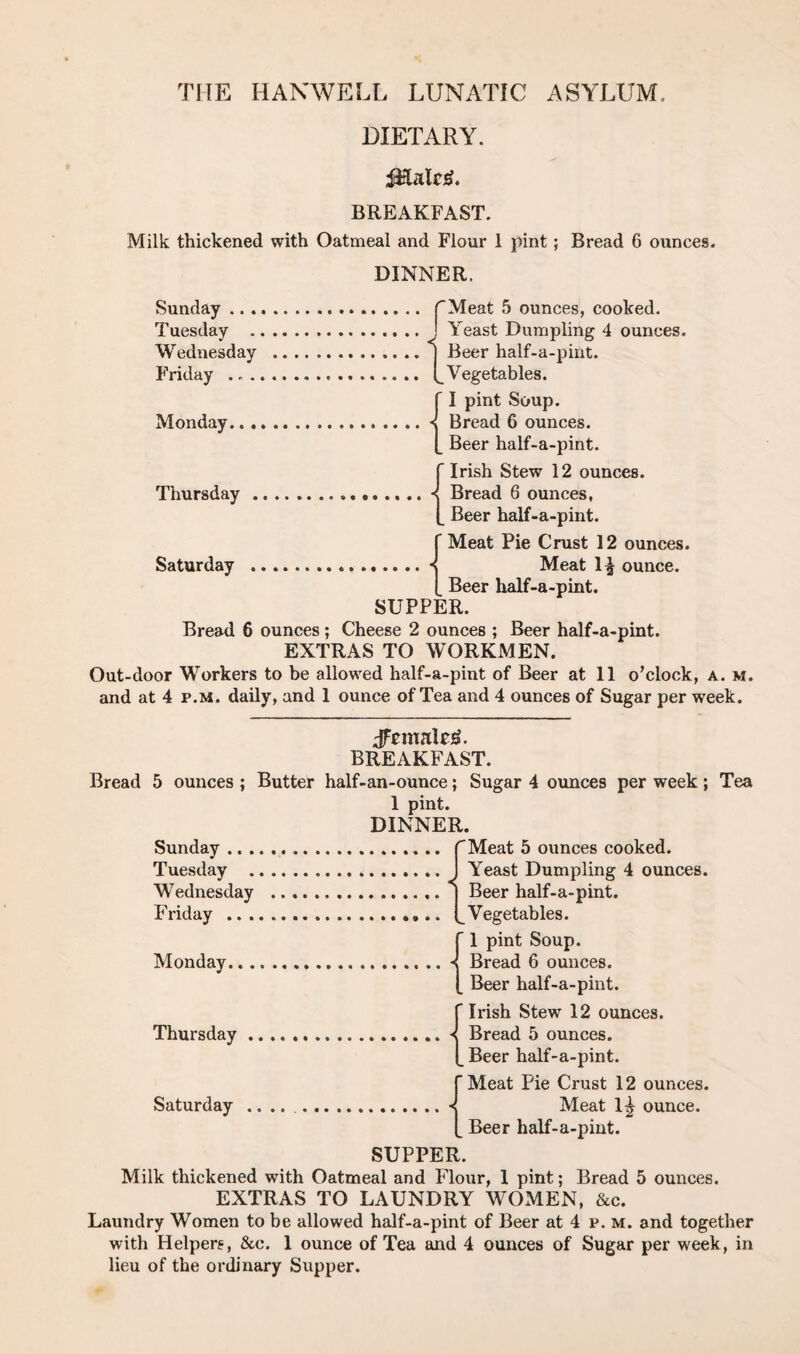 DIETARY. BREAKFAST. Milk thickened with Oatmeal and Flour 1 pint; Bread 6 ounces. DINNER. Sunday .. .. [Meat 5 ounces, cooked. Tuesday .. ! Yeast Dumpling 4 ounces. Wednesday ... j Beer half-a-pint. Friday .... C Vegetables. ' I pint Soup. Monday...4 Bread 6 ounces. Beer half-a-pint. Thursday Saturday ‘Irish Stew 12 ounces. < Bread 6 ounces, Beer half-a-pint. Meat Pie Crust 12 ounces. < Meat 1^ ounce. Beer half-a-pint. SUPP ER. Bread 6 ounces; Cheese 2 ounces ; Beer half-a-pint. EXTRAS TO WORKMEN. Out-door Workers to be allowed half-a-pint of Beer at 11 o’clock, a. m. and at 4 p.m. daily, and 1 ounce of Tea and 4 ounces of Sugar per week. tfzmt&z*. BREAKFAST. Bread 5 ounces ; Butter half-an-ounce; Sugar 4 ounces per week; Tea 1 pint. Sunday ... Tuesday . Wednesday Friday .. . Monday... DINNER. JMeat 5 ounces cooked. Yeast Dumpling 4 ounces. . Beer half-a-pint. .C Vegetables. ' 1 pint Soup. ....... < Bread 6 ounces. Beer half-a-pint. Thursday Saturday 'Irish Stew 12 ounces. •< Bread 5 ounces. _ Beer half-a-pint. 'Meat Pie Crust 12 ounces. ■< Meat l£ ounce. _ Beer half-a-pint. SUPPER. Milk thickened with Oatmeal and Flour, 1 pint; Bread 5 ounces. EXTRAS TO LAUNDRY WOMEN, &c. Laundry Women to be allowed half-a-pint of Beer at 4 p. m. and together with Helpers, &c. 1 ounce of Tea and 4 ounces of Sugar per week, in lieu of the ordinary Supper.