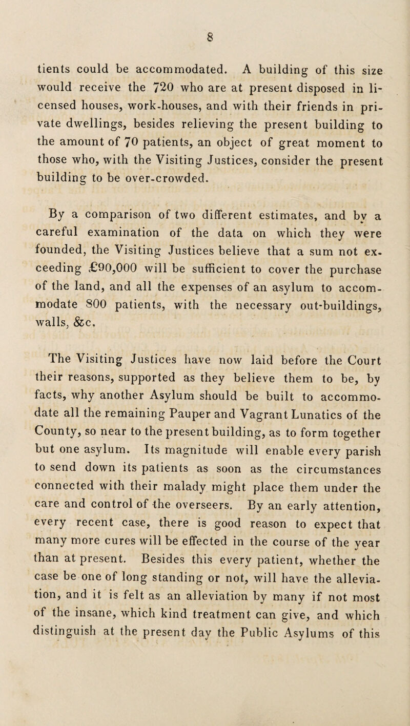 tients could be accommodated. A building of this size would receive the 720 who are at present disposed in li¬ censed houses, work-houses, and with their friends in pri¬ vate dwellings, besides relieving the present building to the amount of 70 patients, an object of great moment to those who, with the Visiting Justices, consider the present building to be over-crowded. By a comparison of two different estimates, and bv a careful examination of the data on which they were founded, the Visiting Justices believe that a sum not ex¬ ceeding £90,000 will be sufficient to cover the purchase of the land, and all the expenses of an asylum to accom¬ modate 800 patients, with the necessary out-buildings, walls, &c. The Visiting Justices have now laid before the Court their reasons, supported as they believe them to be, by facts, why another Asylum should be built to accommo¬ date all the remaining Pauper and Vagrant Lunatics of the County, so near to the present building, as to form together but one asylum. Its magnitude will enable every parish to send down its patients as soon as the circumstances connected with their malady might place them under the care and control of the overseers. By an early attention, every recent case, there is good reason to expect that many more cures will be effected in the course of the vear v than at present. Besides this every patient, whether the case be one of long standing or not, will have the allevia¬ tion, and it is felt as an alleviation by many if not most of the insane, which kind treatment can give, and which distinguish at the present day the Public Asylums of this