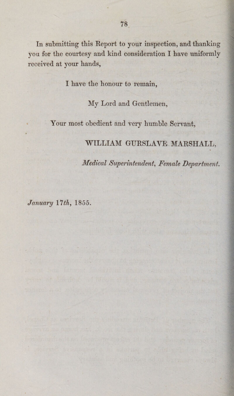 In submitting this Report to your inspection, and thanking you for the courtesy and kind consideration I have uniformly received at your hands, I have the honour to remain, My Lord and Gentlemen, Your most obedient and very humble Servant, WILLIAM GURSLAVE MARSHALL, Medical Superintendent, Female Department. January 17 th, 1855.