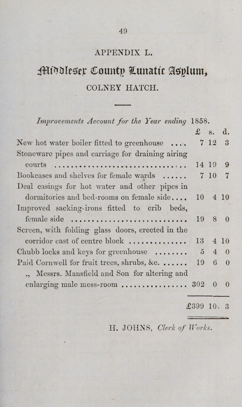 APPENDIX L. iBtWesejr Count?) lunatic Steglum, COLNEY HATCH. Improvements Account for the Year ending 1858. £ s. d. Newhotwaterboilerfittedtogreenhou.se .... 7 12 3 Stoneware pipes and carriage for draining airing courts .,.f . . 14 19 9 Bookcases and shelves for female wards . 7 10 7 Deal casings for hot water and other pipes in dormitories and bed-rooms on female side.... 10 4 10 Improved sacking-irons fitted to crib beds, female side . 19 8 0 Screen, with folding glass doors, erected in the corridor east of centre block .. 13 4 10 Chubb locks and keys for greenhouse . 5 4 0 Paid Cornwell for fruit trees, shrubs, &c. ...... 19 6 0 „ Messrs. Mansfield and Son for altering and enlarging male mess-room. 302 0 0 £399 10- 3 H. JOHNS, Clerk of Works.