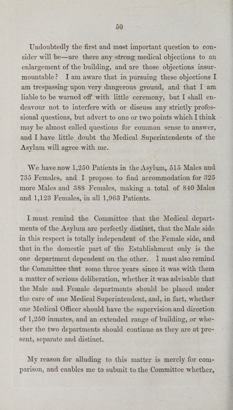 Undoubtedly the first and most important question to con¬ sider will be—are there any strong medical objections to an enlargement of the building, and are those objections insur¬ mountable ? I am aware that in pursuing these objections I am trespassing upon very dangerous ground, and that I am liable to be warned off with little ceremony, but I shall en¬ deavour not to interfere with or discuss any strictly’ profes¬ sional questions, but advert to one or two points which I think may be almost called questions for common sense to answer, and I have little doubt the Medical Superintendents of the Asylum will agree with me. We have now 1,250 Patients in the Asydum, 515 Males and 735 Females, and I propose to find accommodation for 325 more Males and 388 Females, making a total of 840 Males and 1,123 Females, in all 1,963 Patients. I must remind the Committee that the Medical depart¬ ments of the Asylum are perfectly distinct, that the Male side in this respect is totally independent of the Female side, and that in the domestic part of the Establishment only’- is the one. department dependent on the other. I must also remind the Committee that some three years since it was -with them a matter of serious deliberation, whether it was advisable that the Male and Female departments should be placed under the care of one Medical Superintendent, and, in fact, whether one Medical Officer should have the supervision and direction of 1,250 inmates, and an extended range of building, or whe¬ ther the two departments should continue as they are at pre¬ sent, separate and distinct. My reason for alluding to this matter is merely^ for com¬ parison, and enables me to submit to the Committee whether,