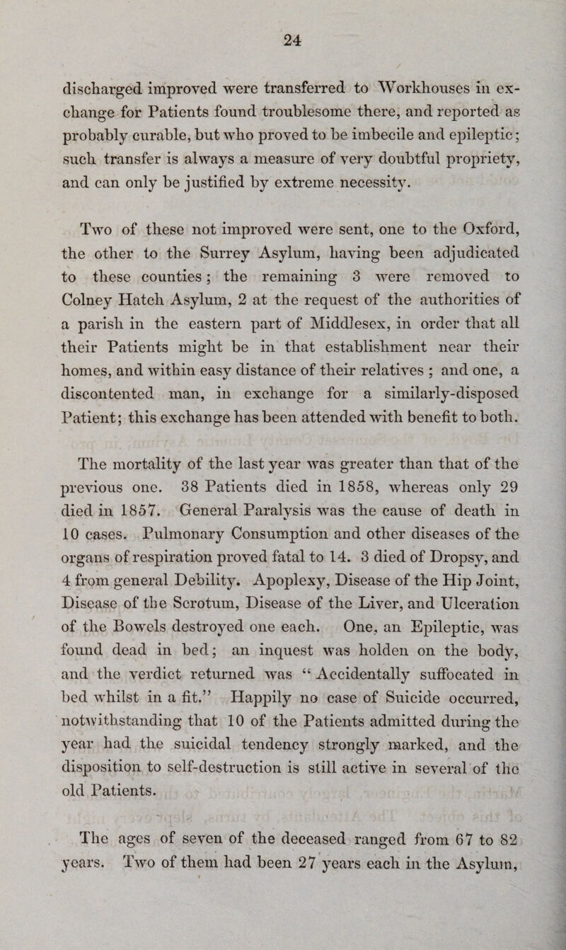 discharged improved were transferred to Workhouses in ex¬ change for Patients found troublesome there, and reported as probably curable, but who proved to be imbecile and epileptic; such transfer is always a measure of very doubtful propriety, and can only be justified by extreme necessity. Two of these not improved were sent, one to the Oxford, the other to the Surrey Asylum, having been adjudicated to these counties; the remaining 3 were removed to Colney Hatch Asylum, 2 at the request of the authorities of a parish in the eastern part of Middlesex, in order that all their Patients might be in that establishment near their homes, and within easy distance of their relatives ; and one, a discontented man, in exchange for a similarly-disposed Patient; this exchange has been attended with benefit to both. The mortality of the last year was greater than that of the previous one. 38 Patients died in 1858, whereas only 29 died in 1857. General Paralysis was the cause of death in 10 cases. Pulmonary Consumption and other diseases of the organs of respiration proved fatal to 14. 3 died of Dropsy, and 4 from general Debility. Apoplexy, Disease of the Hip Joint, Disease of the Scrotum, Disease of the Liver, and Ulceration of the Bowels destroyed one each. One, an Epileptic, was found dead in bed; an inquest was holden on the body, and the verdict returned was “ Accidentally suffocated in bed whilst in a fit.” Happily no case of Suicide occurred, notwithstanding that 10 of the Patients admitted during the year had the suicidal tendency strongly marked, and the disposition to self-destruction is still active in several of the old Patients. The ages of seven of the deceased ranged from 67 to 82 years. Two of them had been 27 years each in the Asylum,