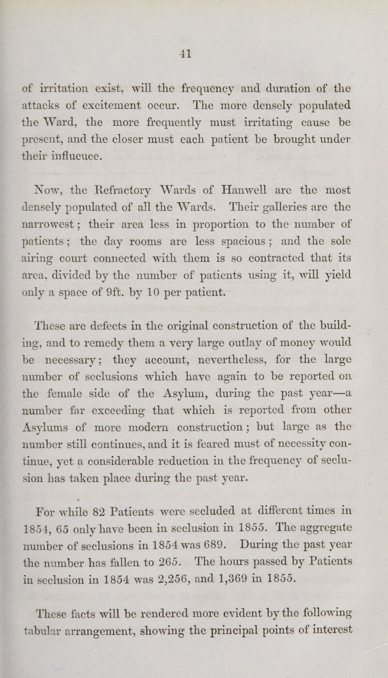 of irritation exist, will the frequency and duration of the attacks of excitement occur. The more densely populated the Ward, the more frequently must irritating cause be present, and the closer must each patient be brought under their influence. Now, the Refractory Wards of Hanwell are the most densely populated of all the Wards. Their galleries are the narrowest; their area less in proportion to the number of patients; the day rooms are less spacious ; and the sole airing court connected with them is so contracted that its area, divided by the number of patients using it, will yield only a space of 9ft. by 10 per patient. These are defects in the original construction of the build¬ ing, and to remedy them a very large outlay of money would be necessary; they account, nevertheless, for the large number of seclusions which have again to be reported on the female side of the Asylum, during the past year—a number far exceeding that which is reported from other Asylums of more modern construction : but large as the number still continues, and it is feared must of necessity con¬ tinue, yet a considerable reduction in the frequency of seclu¬ sion lias taken place during the past year. For while 82 Patients were secluded at different times in 1854, 65 only have been in seclusion in 1855. The aggregate number of seclusions in 1854 was 689. During the past year the number has fallen to 265. The hours passed by Patients in seclusion in 1854 was 2,256, and 1,369 in 1855. These facts will be rendered more evident by the following tabular arrangement, showing the principal points of interest