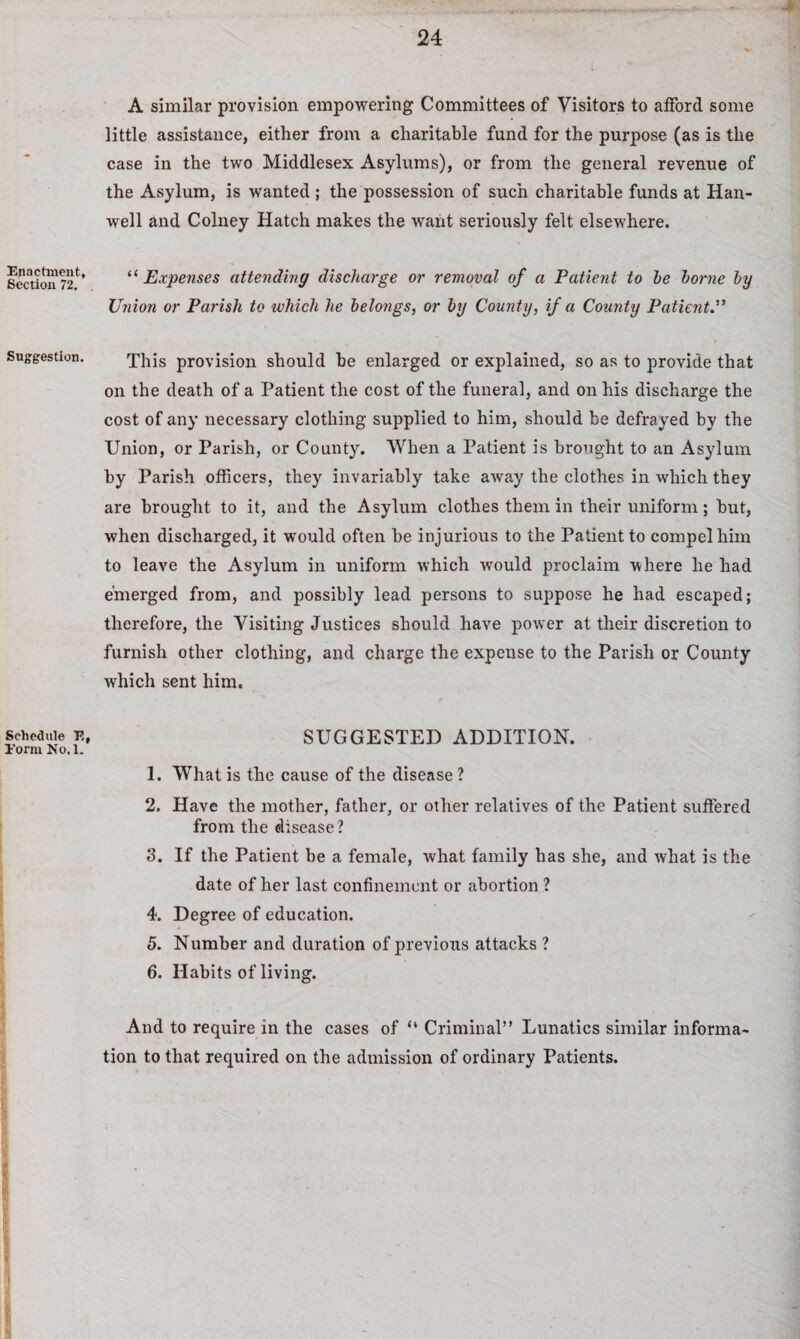 Enactment, Section 72. Suggestion. Schedule E, I'orm No. 1. X A similar provision empowering Committees of Visitors to afford some little assistance, either from a charitable fund for the purpose (as is the case in the two Middlesex Asylums), or from the general revenue of the Asylum, is wanted ; the possession of such charitable funds at Han- well and Colney Hatch makes the want seriously felt elsewhere. “ Expenses attending discharge or removal of a Patient to he home hy Union or Parish to which he belongs, or hy County, if a Comity Patient.” This provision should he enlarged or explained, so as to provide that on the death of a Patient the cost of the funeral, and on his discharge the cost of any necessary clothing supplied to him, should be defrayed by the Union, or Parish, or County. When a Patient is brought to an Asylum by Parish officers, they invariably take away the clothes in which they are brought to it, and the Asylum clothes them in their uniform; but, when discharged, it would often be injurious to the Patient to compel him to leave the Asylum in uniform which would proclaim where he had emerged from, and possibly lead persons to suppose he had escaped; therefore, the Visiting Justices should have power at their discretion to furnish other clothing, and charge the expense to the Parish or County which sent him. SUGGESTED ADDITION. 1. What is the cause of the disease ? 2. Have the mother, father, or other relatives of the Patient suffered from the disease? 3. If the Patient be a female, what family has she, and what is the date of her last confinement or abortion ? 4. Degree of education. 5. Number and duration of previous attacks ? 6. Habits of living. And to require in the cases of “ Criminal” Lunatics similar informa¬ tion to that required on the admission of ordinary Patients.