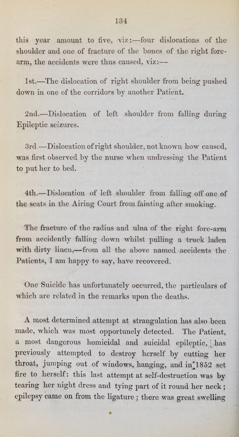 this year amount to five, viz:—four dislocations of the shoulder and one of fracture of the bones of the right fore¬ arm, the accidents were thus caused, viz;— 1st.—The dislocation of right shoulder from being pushed down in one of the corridors by another Patient. 2nd.—Dislocation of left shoulder from falling during Epileptic seizures. 3rd—Dislocation of right shoulder, not known how caused, was first observed by the nurse when undressing the Patient to put her to bed. 4th.—Dislocation of left shoulder from falling off one of the seats in the Airing Court from fainting after smoking. The fracture of the radius and ulna of the right fore-arm from accidently falling down whilst pulling a truck laden with dirty linen,—from all the above named accidents the Patients, I am happy to say, have recovered. One Suicide has unfortunately occurred, the particulars of which are related in the remarks upon the deaths. A most determined attempt at strangulation has also been made, which was most opportunely detected. The Patient, a most dangerous homicidal and suicidal epileptic, [ has previously attempted to destroy herself by cutting her throat, jumping out of windows, hanging, and inD852 set fire to herself: this last attempt at self-destruction was by tearing her night dress and tying part of it round her neck ; epilepsy came on from the ligature ; there was great swelling