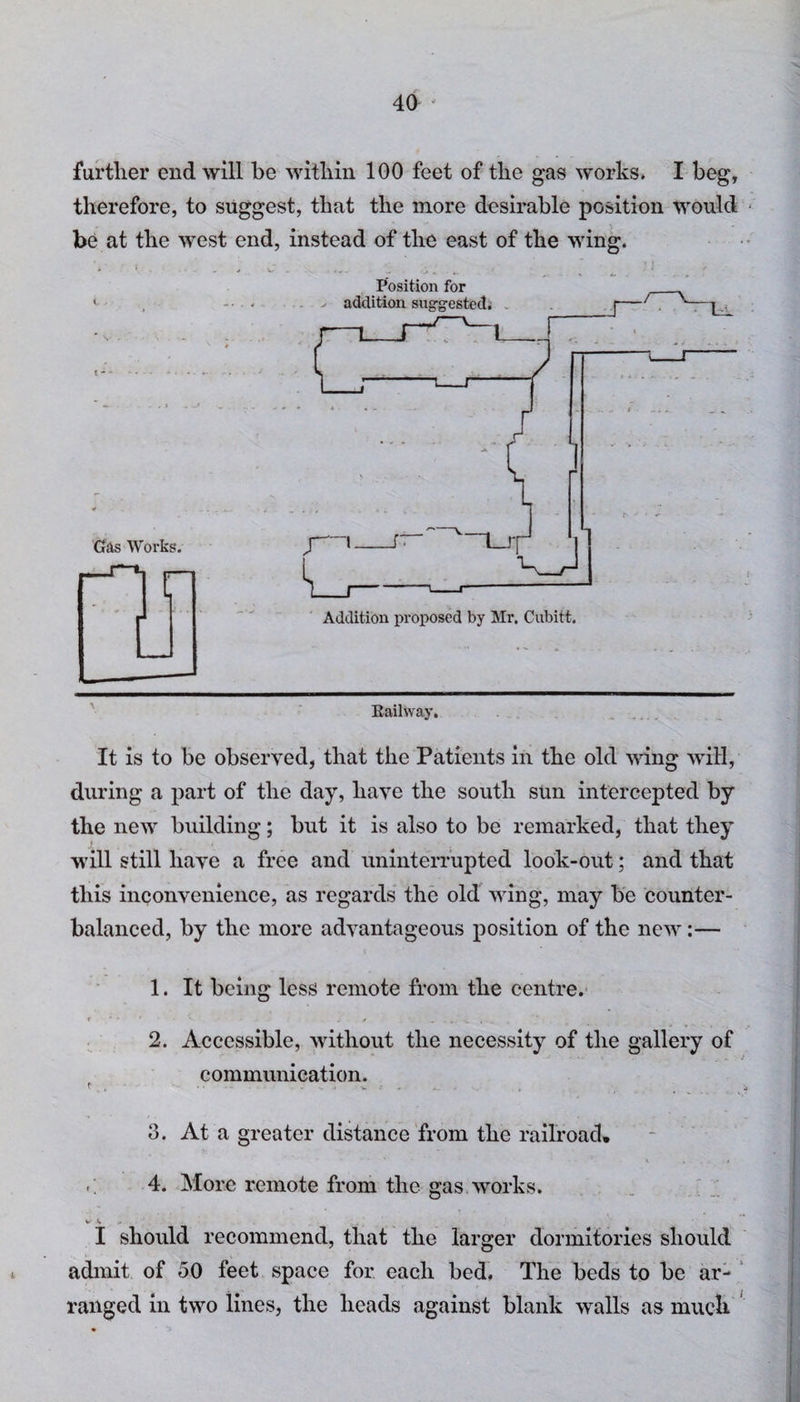 further end will be within 1G0 feet of the gas works. I beg, therefore, to suggest, that the more desirable position would be at the west end, instead of the east of the wing. i i - •• Gas Works. Addition proposed by Mr. Cubitt. Railway. It is to be observed, that the Patients in the old wing will, during a part of the day, have the south sun intercepted by the new building; but it is also to be remarked, that they will still have a free and uninterrupted look-out; and that this inconvenience, as regards the old wing, may be counter¬ balanced, by the more advantageous position of the new:— 1. It being less remote from the centre. f ’ • • • ^ j f x. « 2. Accessible, without the necessity of the gallery of j communication. f . . • • . . . t . 3. At a greater distance from the railroad, - 4. More remote from the gas. works. v W I should recommend, that the larger dormitories should admit of 50 feet space for each bed. The beds to be ar¬ ranged in two lines, the heads against blank walls as much