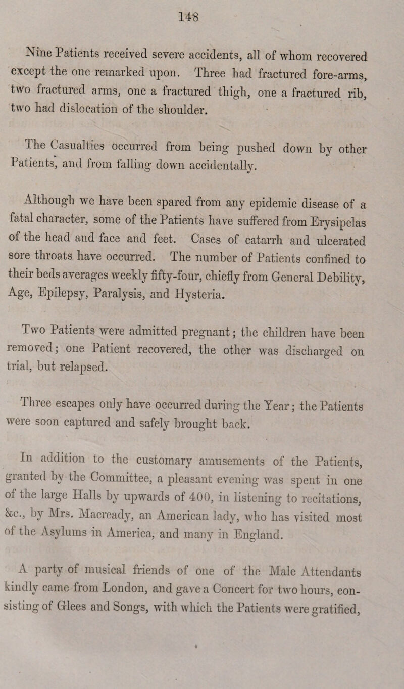 Nine Patients received severe accidents, all of whom recovered except the one remarked upon. Three had fractured fore-arms, two fractured arms, one a fractured thigh, one a fractured rib, two had dislocation of the shoulder. ihe Casualties occurred from being pushed down by other Patients, and from falling down accidentally. Although we have been spared from any epidemic disease of a fatal character, some of the Patients have suffered from Erysipelas of the head and face and feet. Cases of catarrh and ulcerated sore throats have occurred. The number of Patients confined to their beds averages weekly fifty-four, chiefly from General Debility, Age, Epilepsy, Paralysis, and Hysteria. Two Patients were admitted pregnant; the children have been removed; one Patient recovered, the other was discharged on trial, but relapsed. Three escapes only have occurred during the Year; the Patients were soon captured and safely brought back. In addition to the customary amusements of the Patients, granted by the Committee, a pleasant evening was spent in one of the large Halls by upwards of 400, in listening to recitations, &c., by Mrs. Macready, an American lady, who has visited most ol the Asylums in America, and many in England. A party of musical friends of one of the Male Attendants kindly came from London, and gave a Concert for two hours, con¬ sisting of Glees and Songs, with which the Patients were gratified, ♦